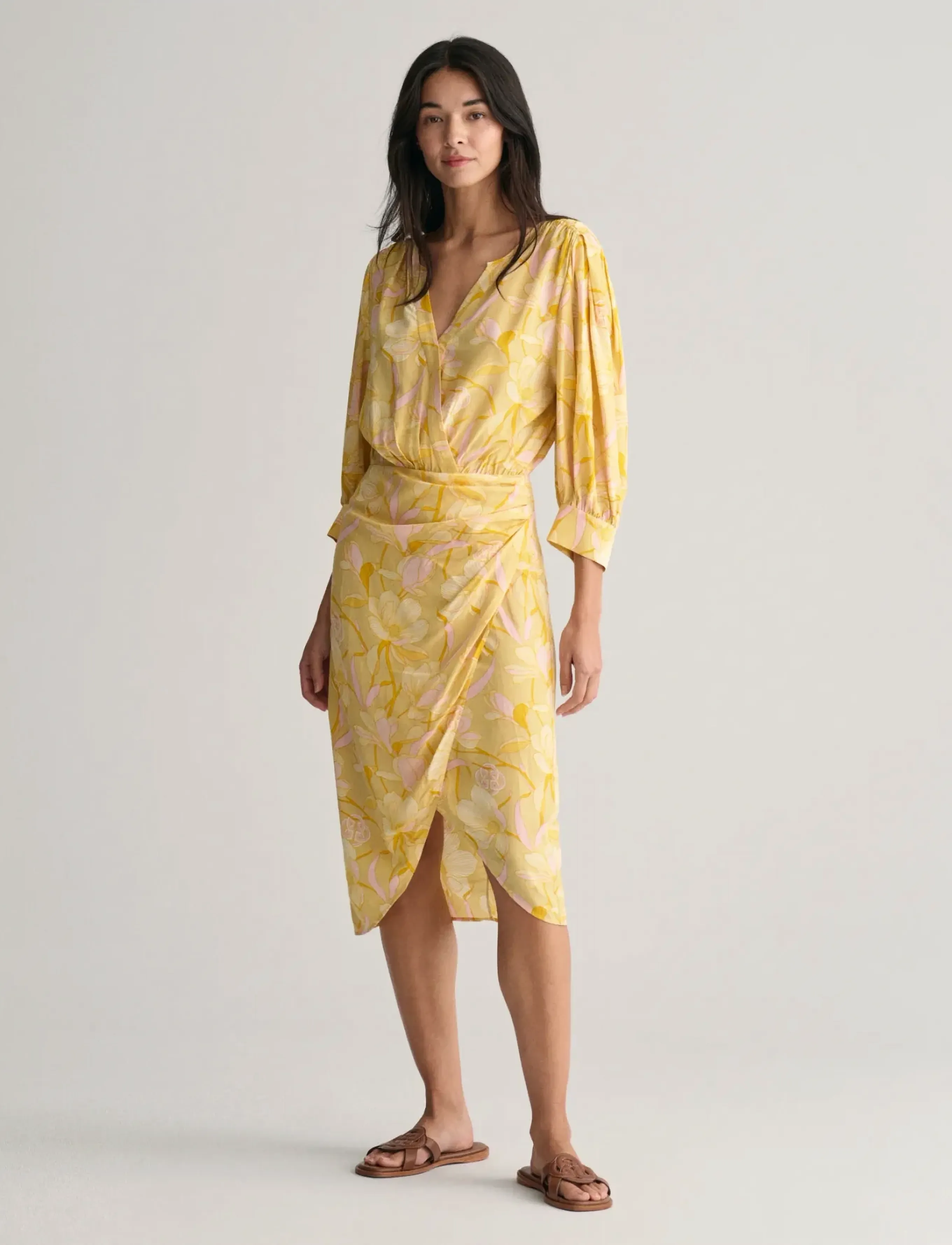 Gant Reg Magnolia Print Wrap Dress, 36, Dresses, Gelb - Knee-length & Midi, Frauen