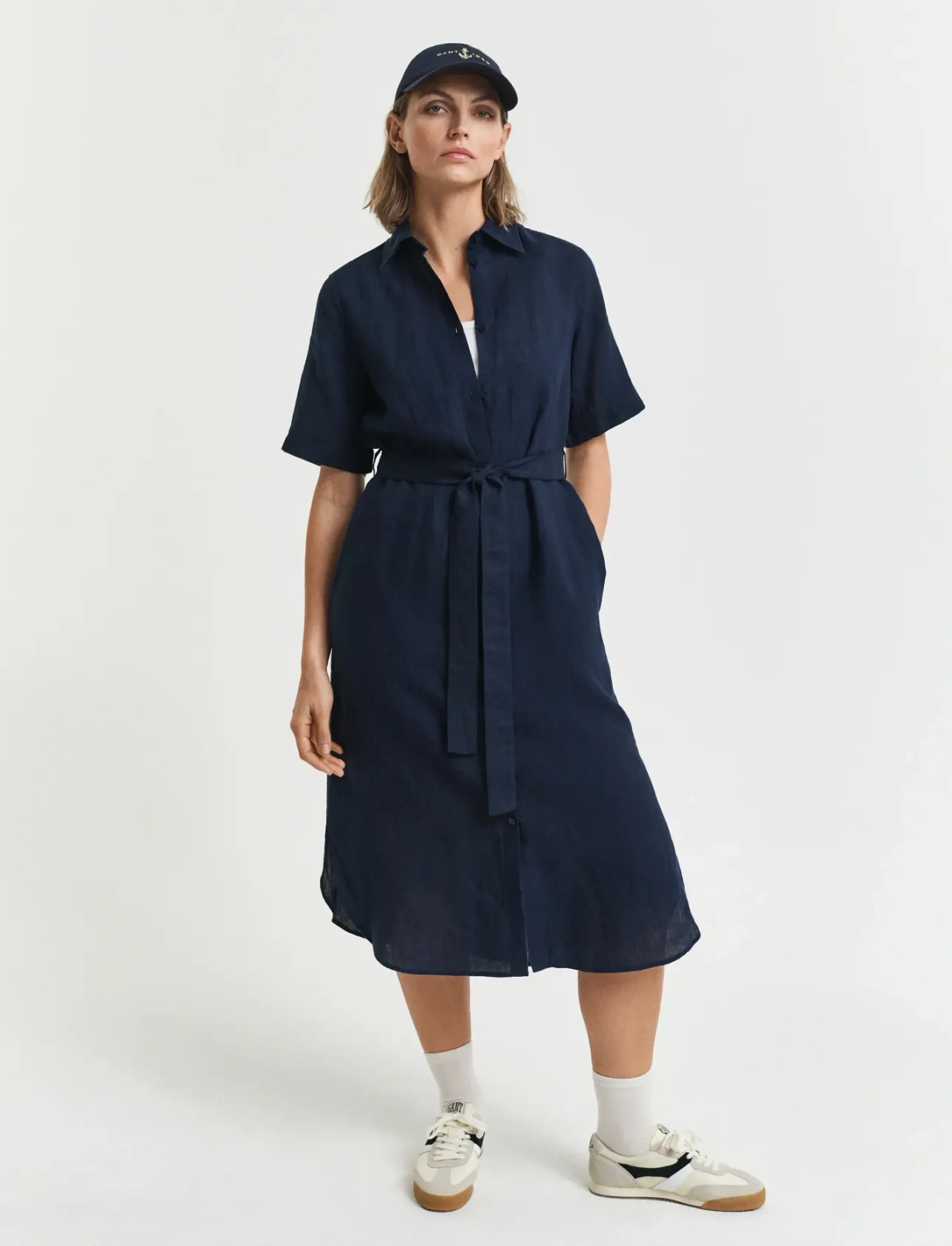 Gant Reg Linen Ss Shirt Dress, 34, Dresses, Marineblau - Knee-length & Midi, Frauen