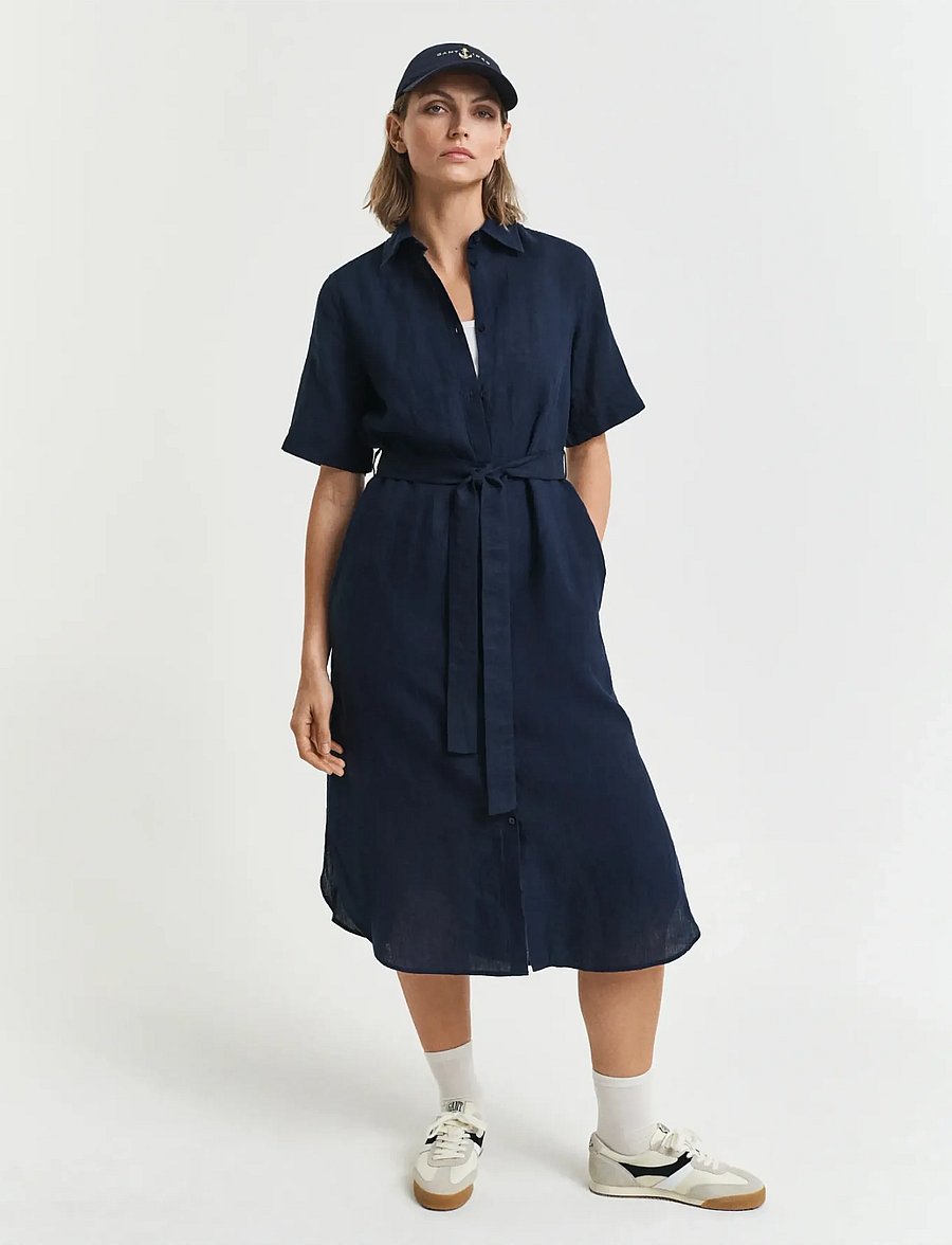 Gant - REG LINEN SS SHIRT DRESS - sukienki koszulowe - evening blue - 0