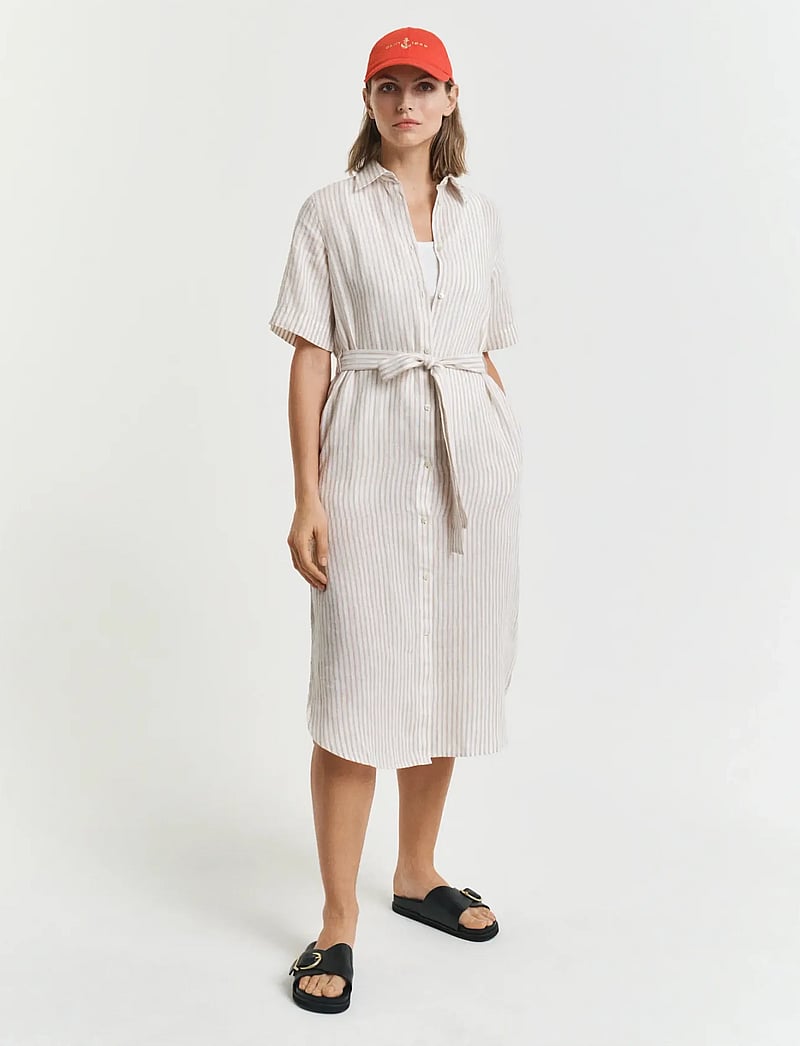 GANT - REG LINEN STRIPED SHIRT DRESS - skjortklänningar - dry sand - 0
