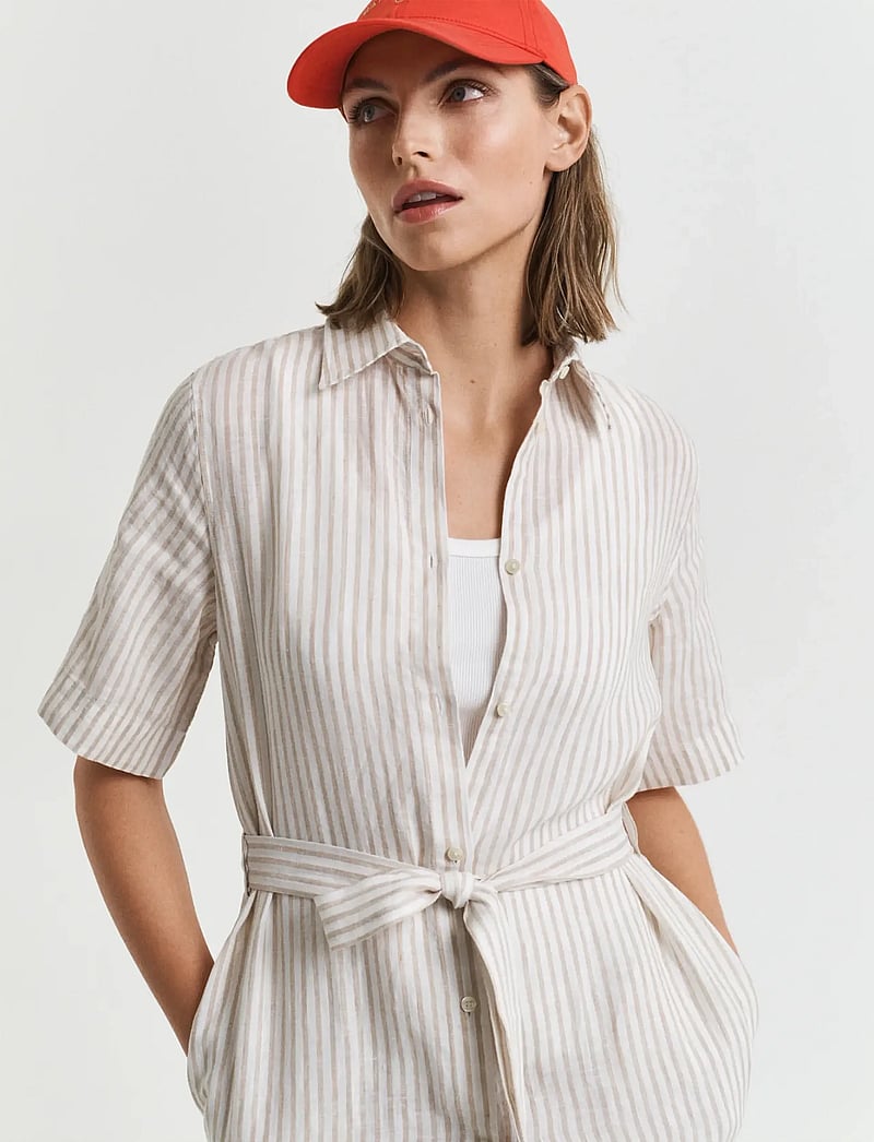 GANT - REG LINEN STRIPED SHIRT DRESS - skjortklänningar - dry sand - 4