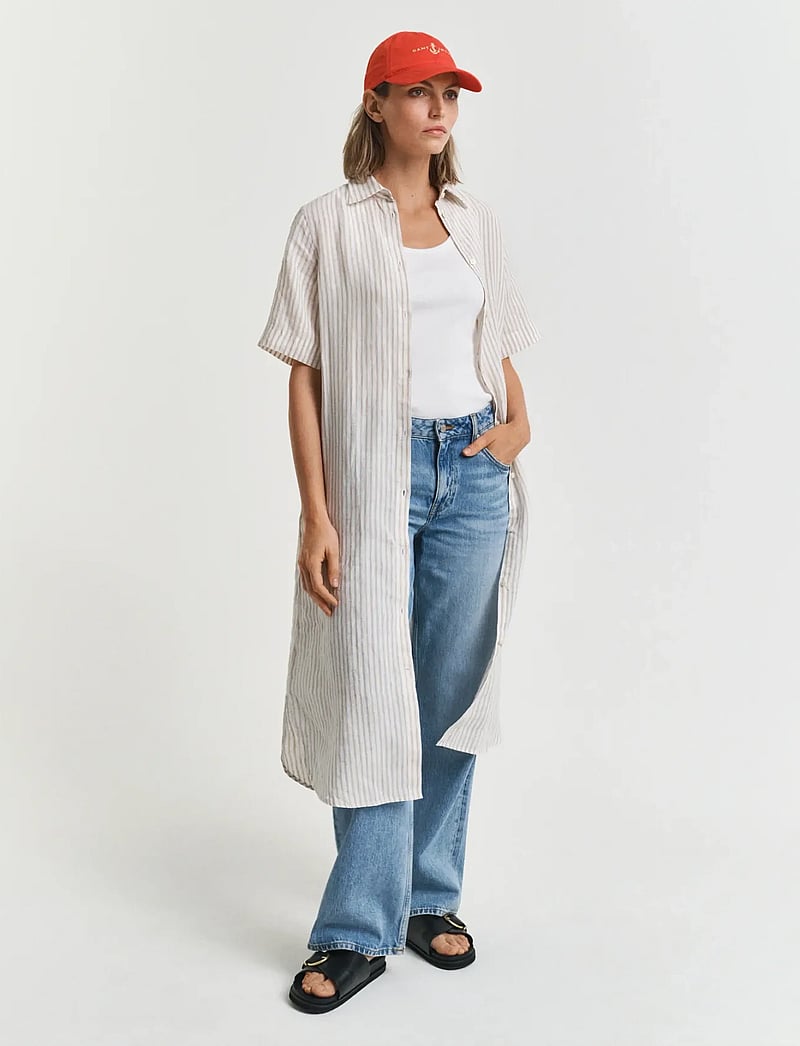 GANT - REG LINEN STRIPED SHIRT DRESS - skjortklänningar - dry sand - 5