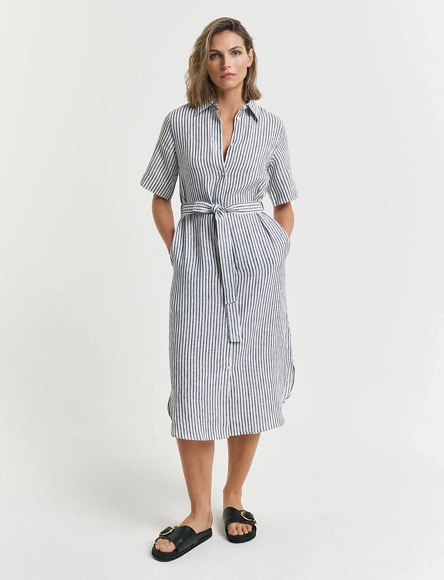 Gant - REG LINEN STRIPED SHIRT DRESS - shirt dresses - evening blue - 0