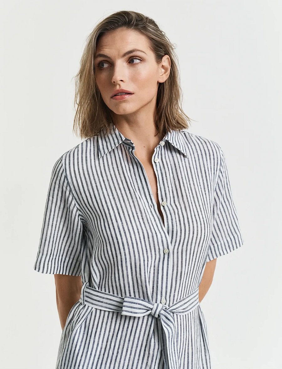 Gant - REG LINEN STRIPED SHIRT DRESS - shirt dresses - evening blue - 4
