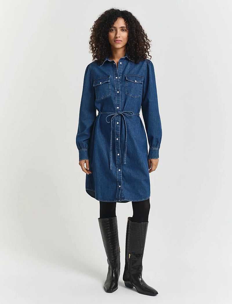 GANT - PUFF SLEEVE DENIM DRESS - denim dresses - indigo - 0