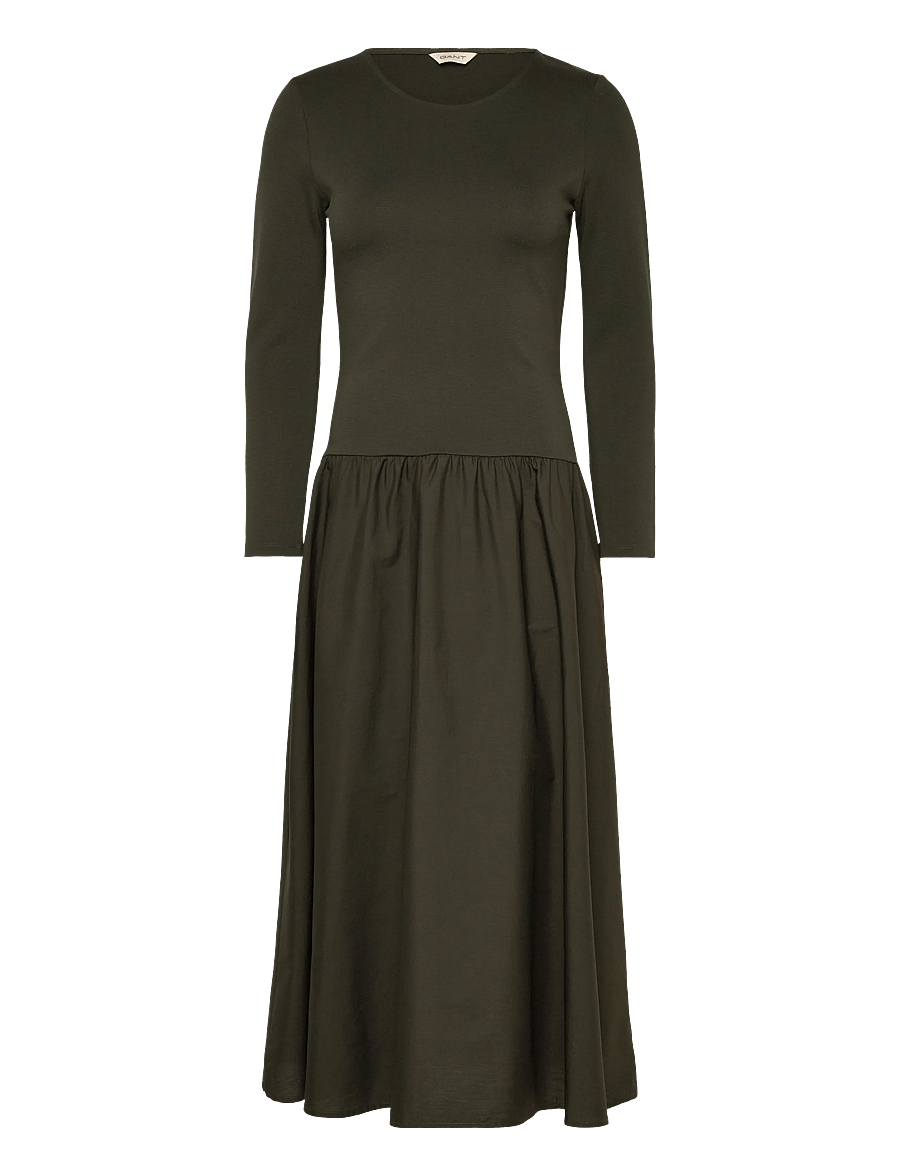 Gant - MIDI JERSEY WOVEN COMBO LS DRESS - midiklänningar - dark moss green - 0