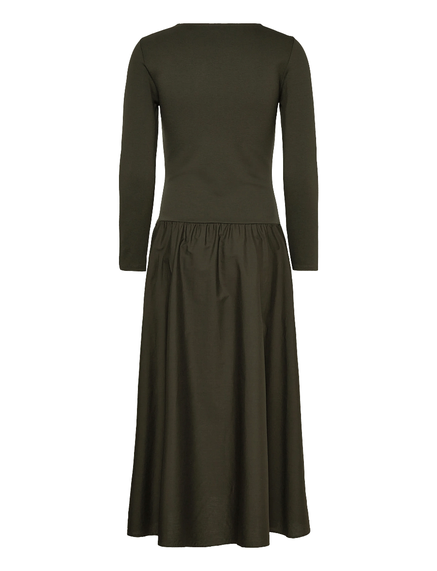 Gant - MIDI JERSEY WOVEN COMBO LS DRESS - midiklänningar - dark moss green - 1