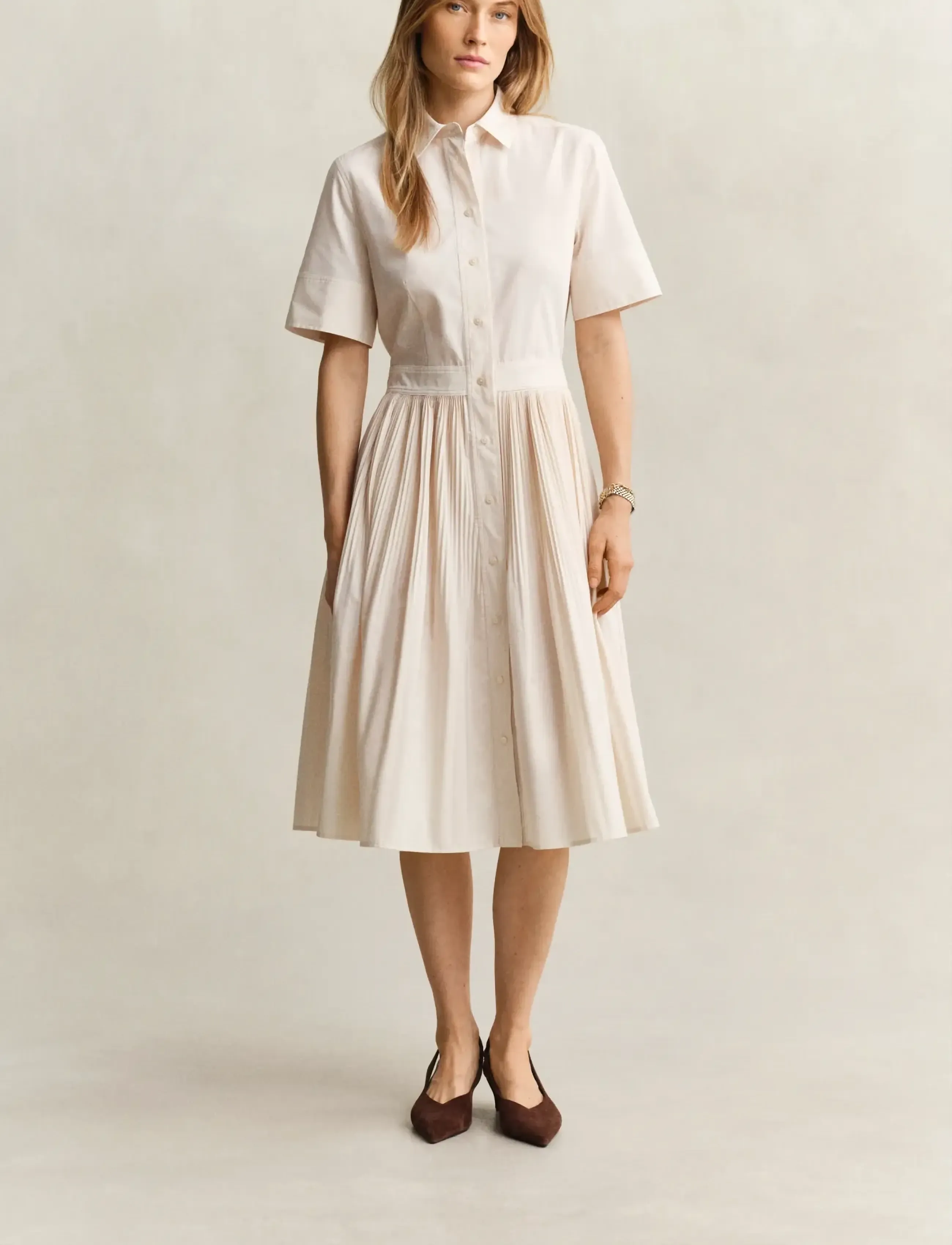 Gant CTN PLEATED SS SHIRT DRESS - Midikleider - CREAMED WHITE / cream