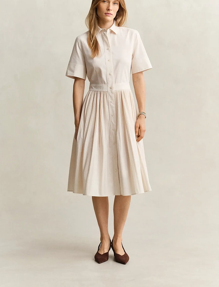 Gant - CTN PLEATED SS SHIRT DRESS - skjortekjoler - creamed white - 0