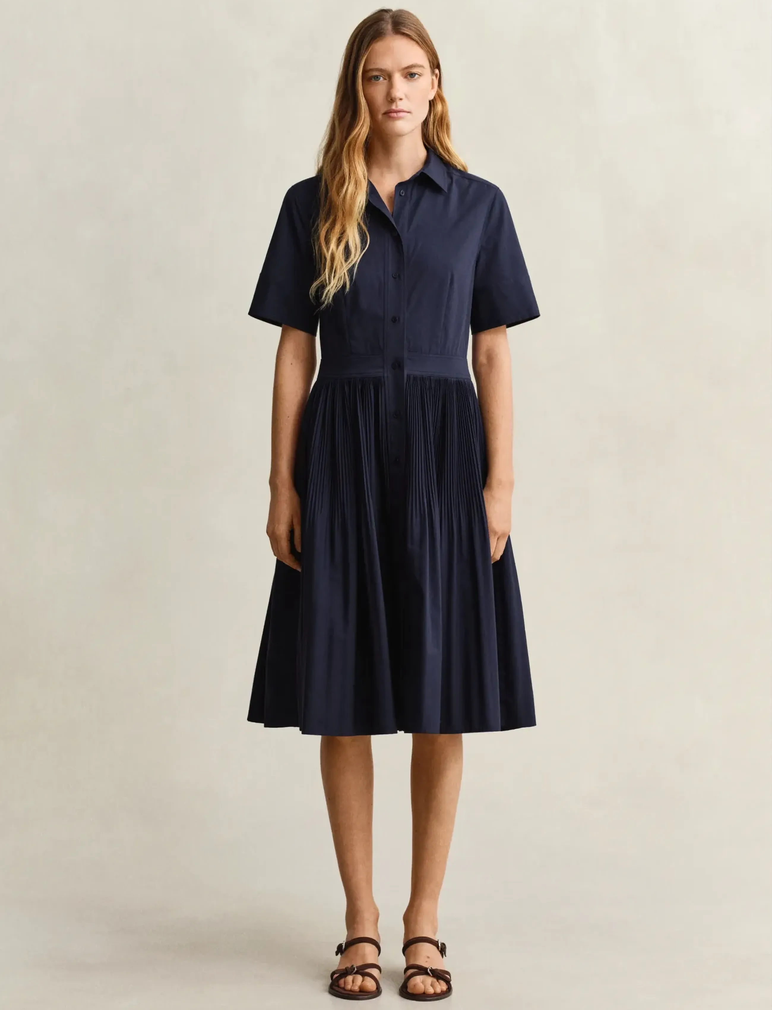 Gant Ctn Pleated Ss Shirt Dress, 42, Dresses, Marineblau - Knee-length & Midi, Frauen
