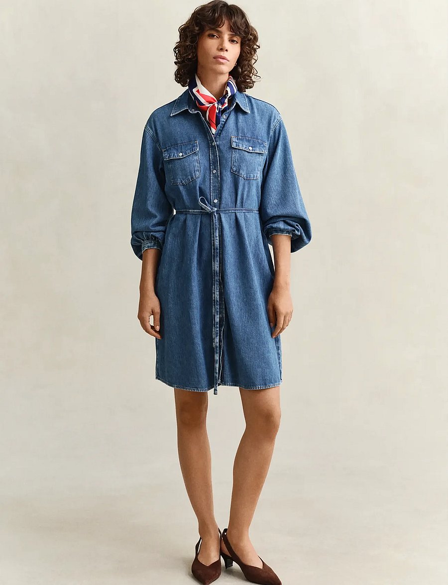 Gant - DENIM VOLUME SLEEVE SHIRT DRESS - skyrtukjólar - mid blue archive - 0