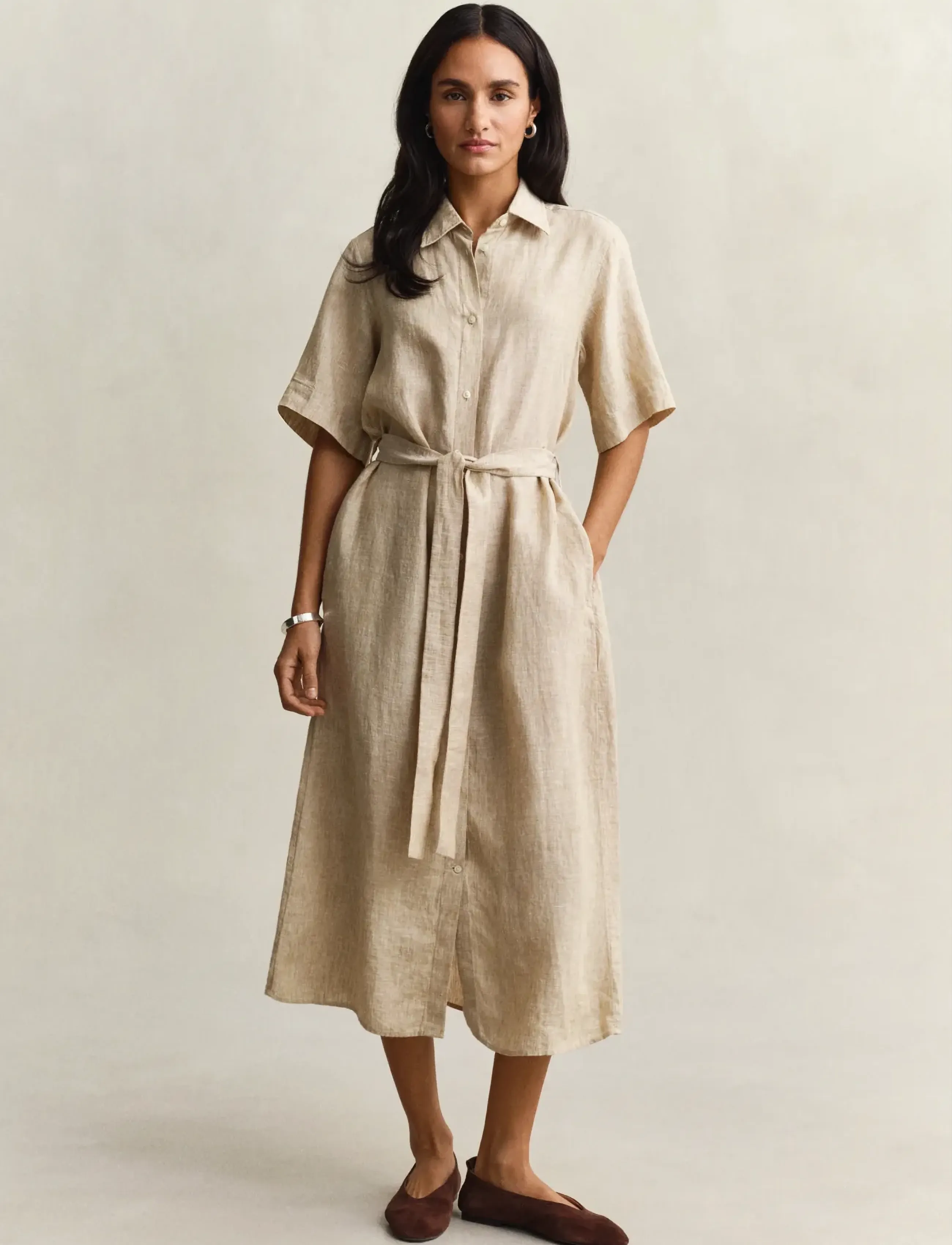 Gant LINEN SS SHIRT DRESS - Midikleider - OAT BEIGE / beige