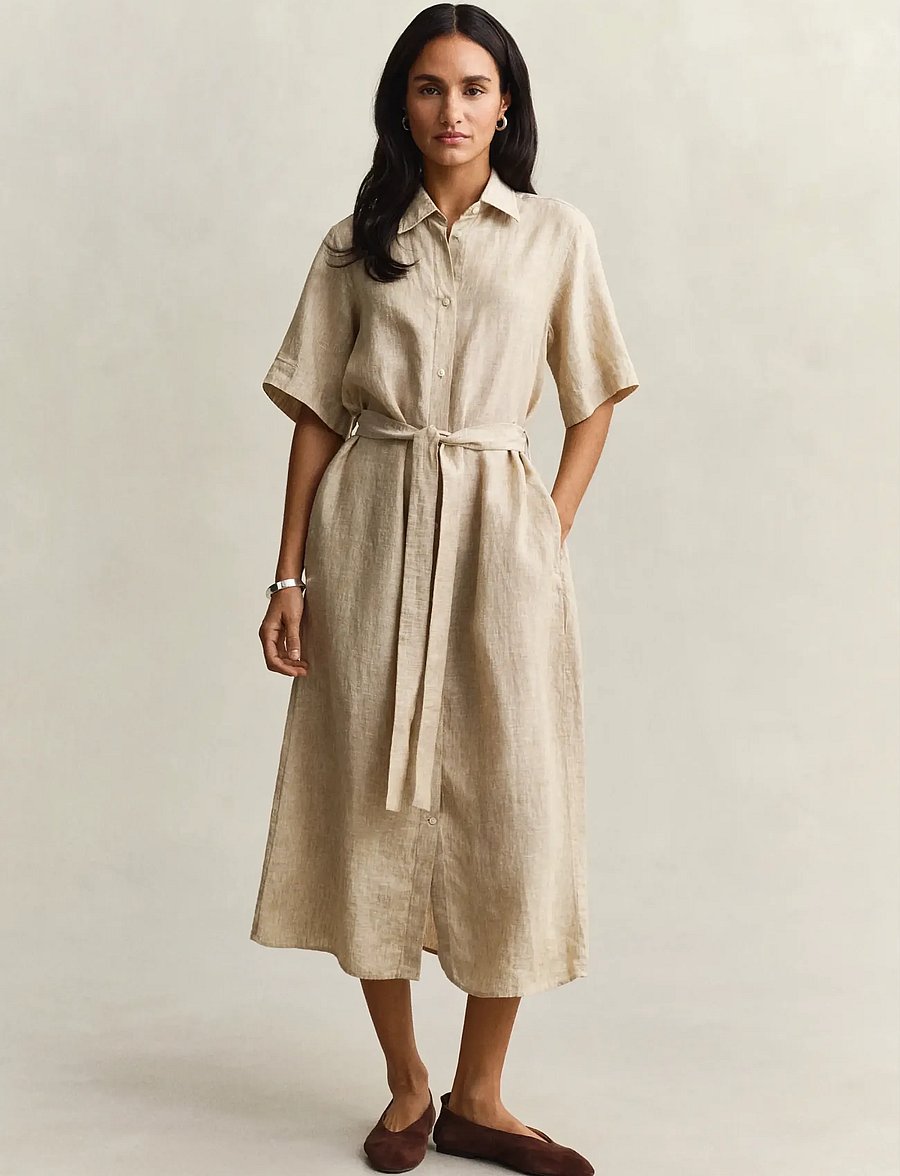 Gant - LINEN SS SHIRT DRESS - skjortklänningar - oat beige - 0