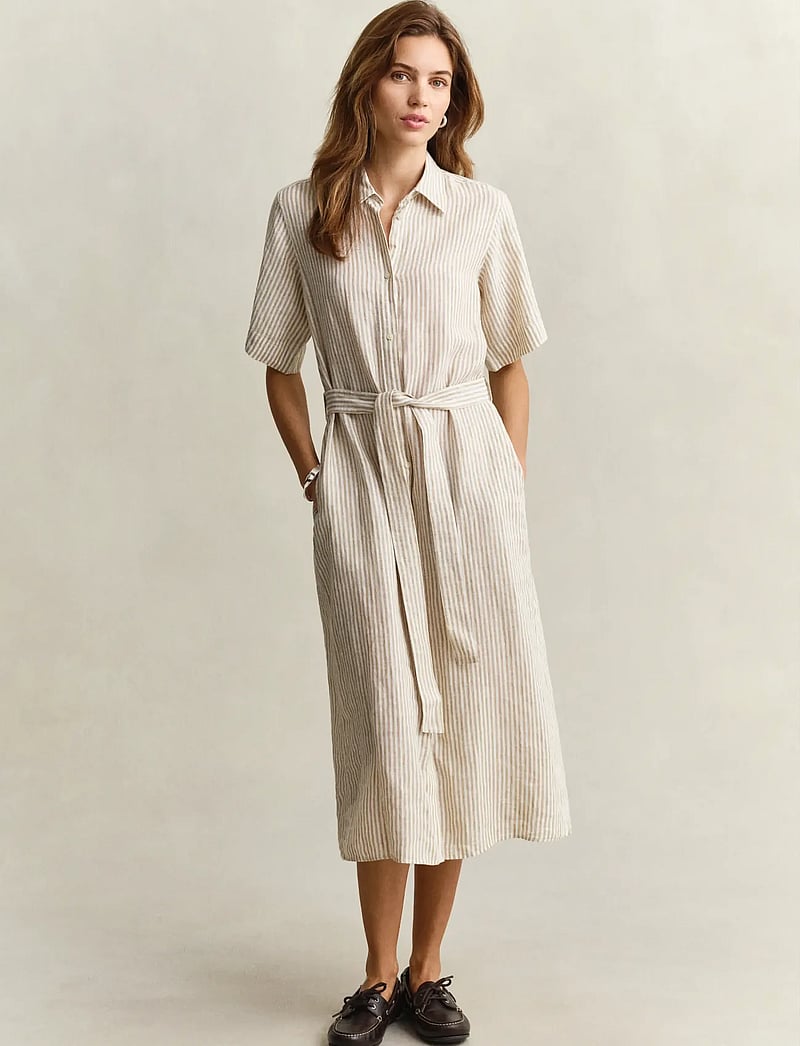 GANT - STRIPED LINEN SS SHIRT DRESS - sommarklänningar - oat beige - 0