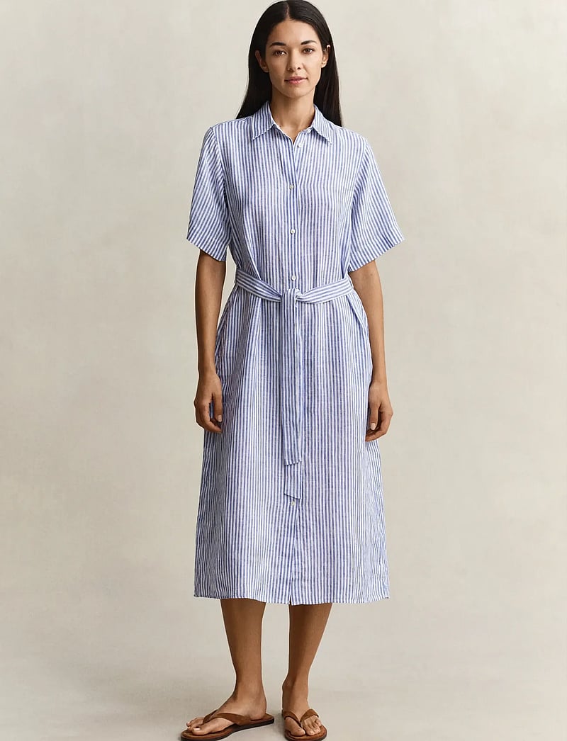 GANT - STRIPED LINEN SS SHIRT DRESS - sommarklänningar - royal blue - 0