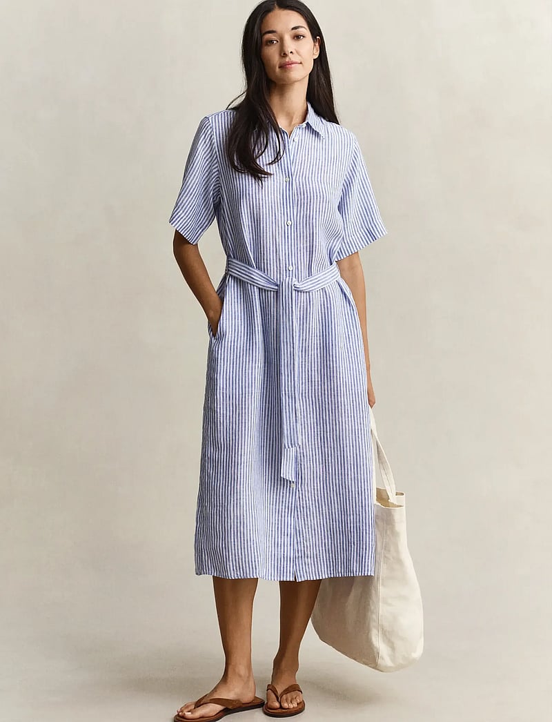 GANT - STRIPED LINEN SS SHIRT DRESS - sommarklänningar - royal blue - 4