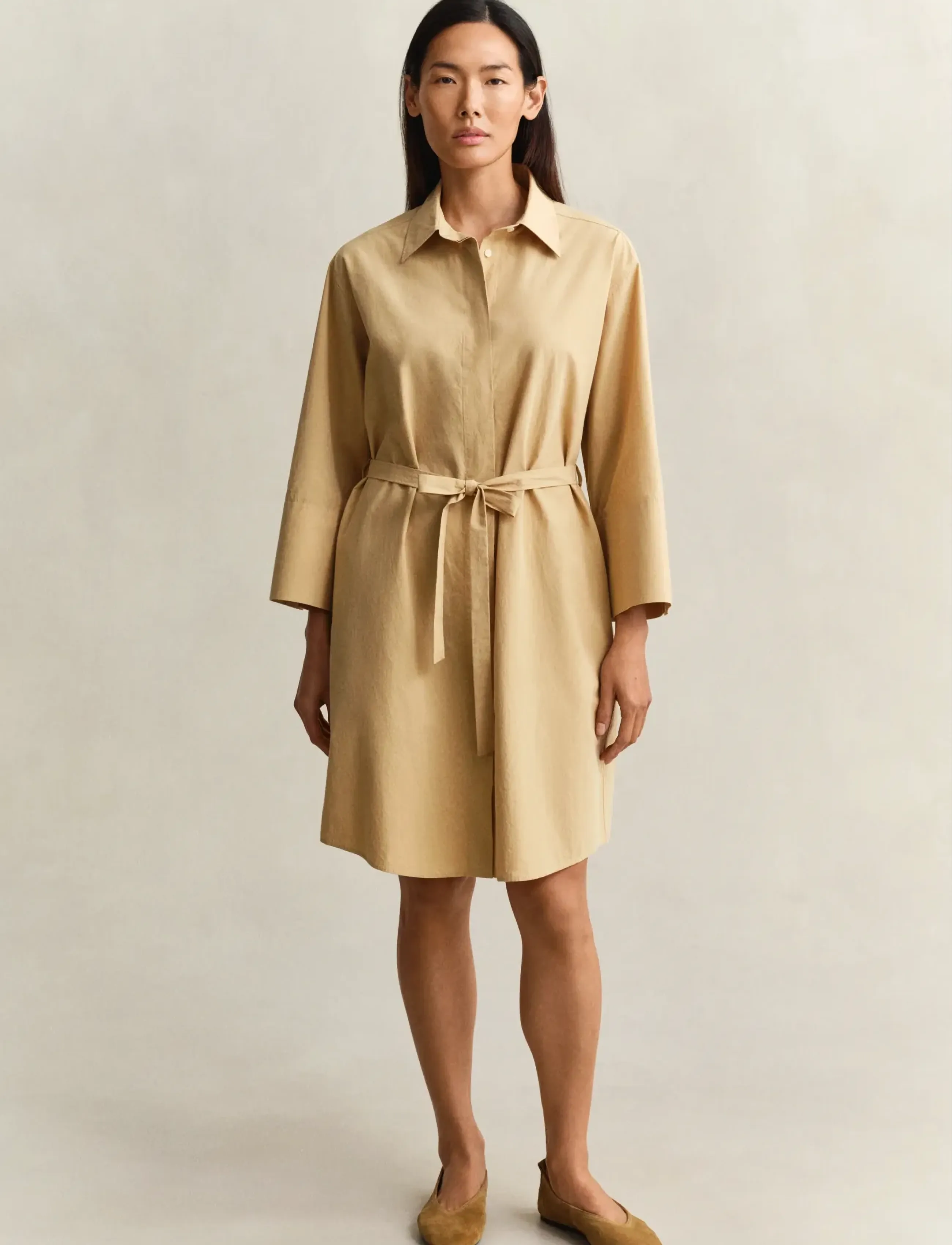 Gant Poplin Belted Shirt Dress, 36, Dresses, Beige - Knee-length & Midi, Frauen