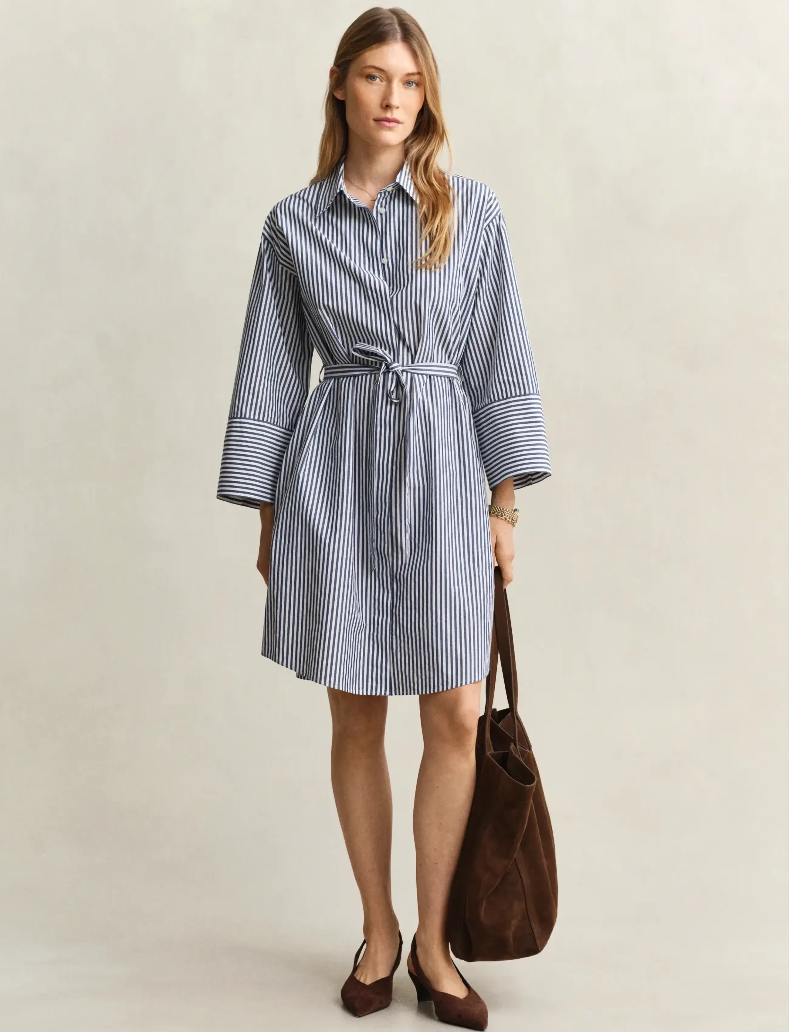 GANT STRIPE POPLIN BELTED SHIRT DRESS - Nyheder - RICH NAVY / navy