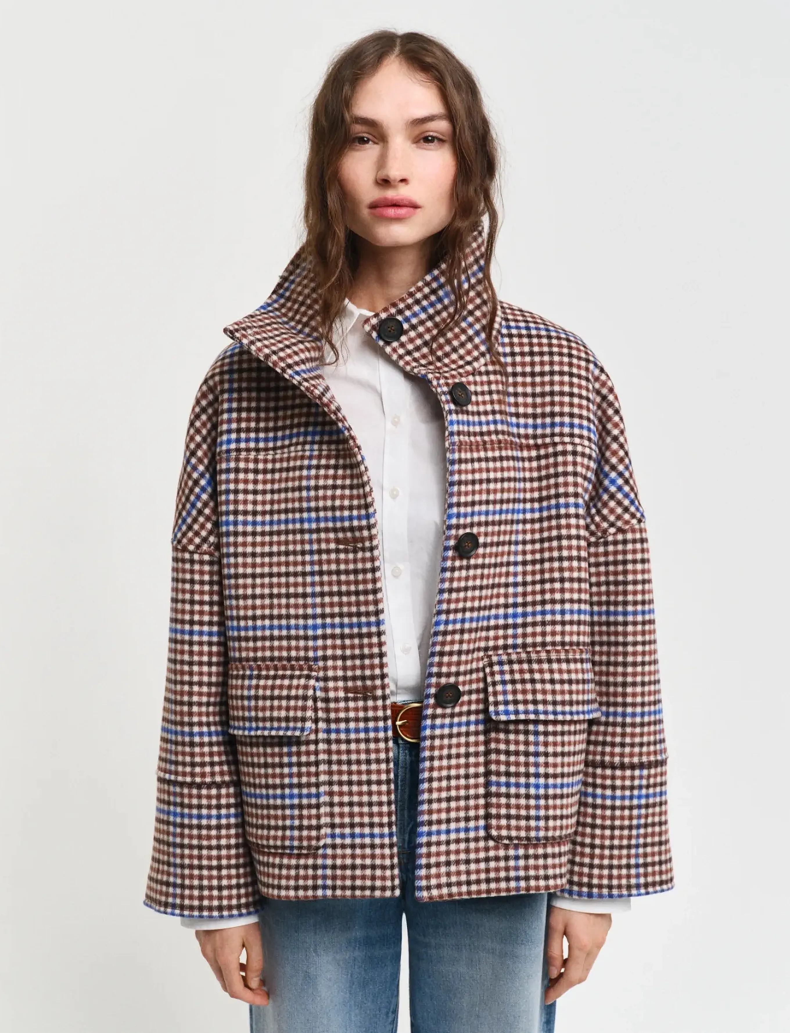 GANT - CHECKED CROPPED WOOL JACKET - college blue - 0