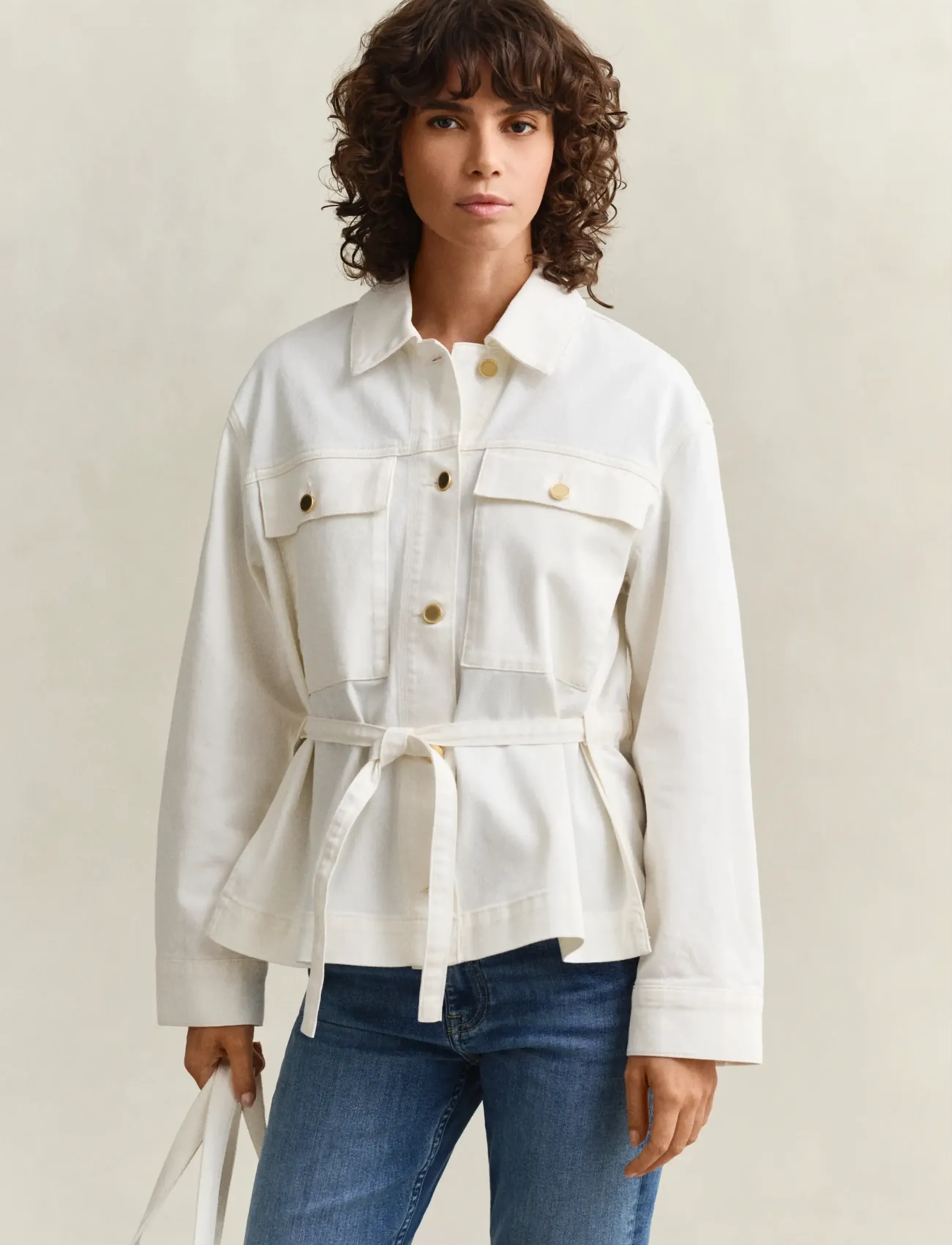 Gant Denim Jacket With Tie Detail, M, Jackets, Creme - Denim, Frauen