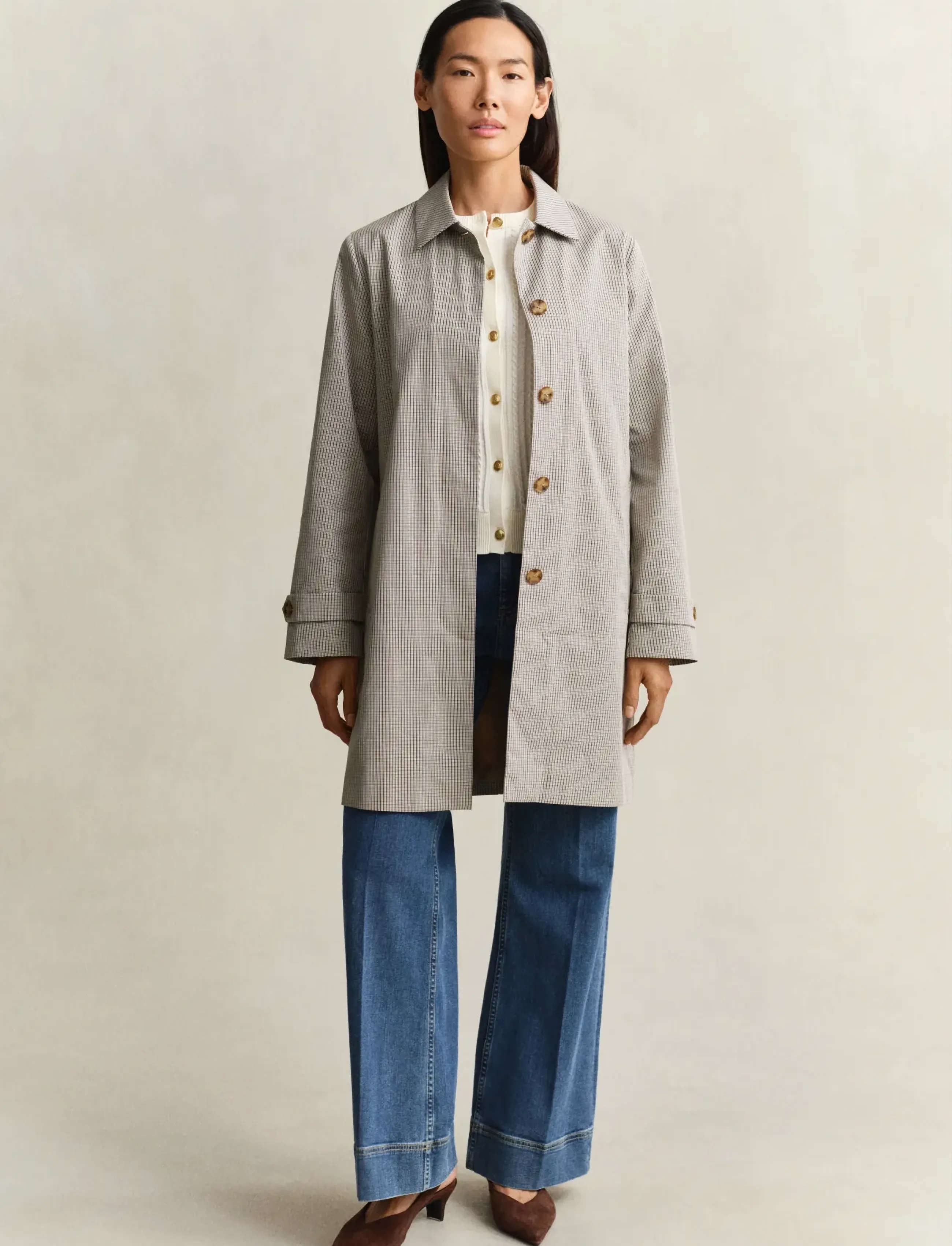 Gant Checked Cotton Blend Car Coat, XS, Beige, Frakker > Lette Frakker, Dame