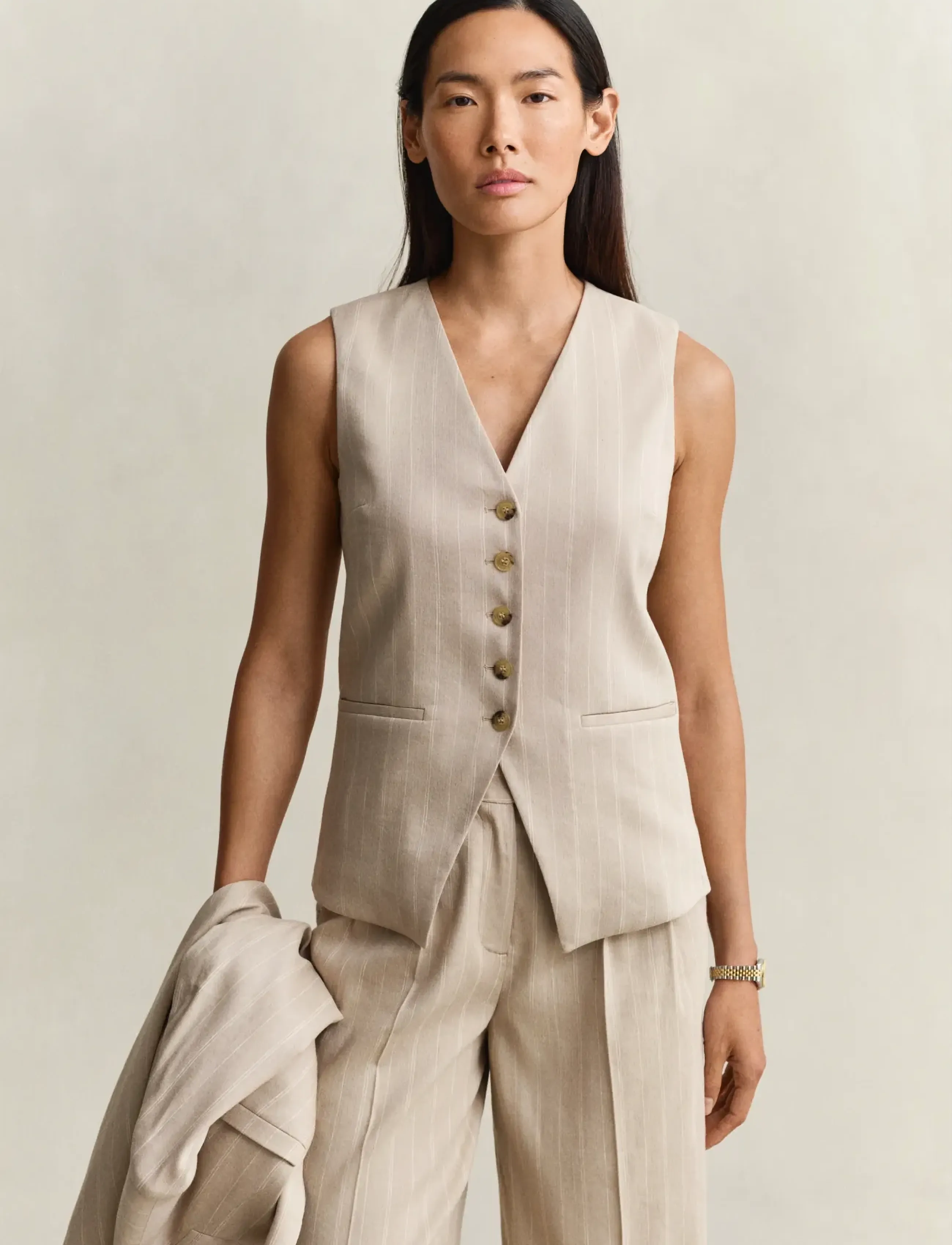 Gant Pinstripe Linen Blend Vest, 44, Blazer, Beige - Sleeveless Frauen