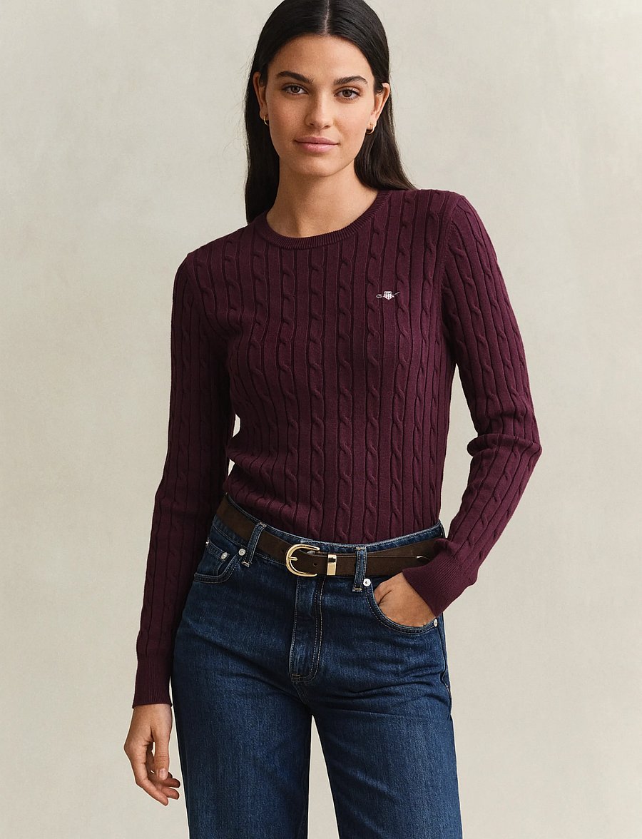 Gant - Classic Cable Knit Sweater - stickade tröjor - darkened wine - 0