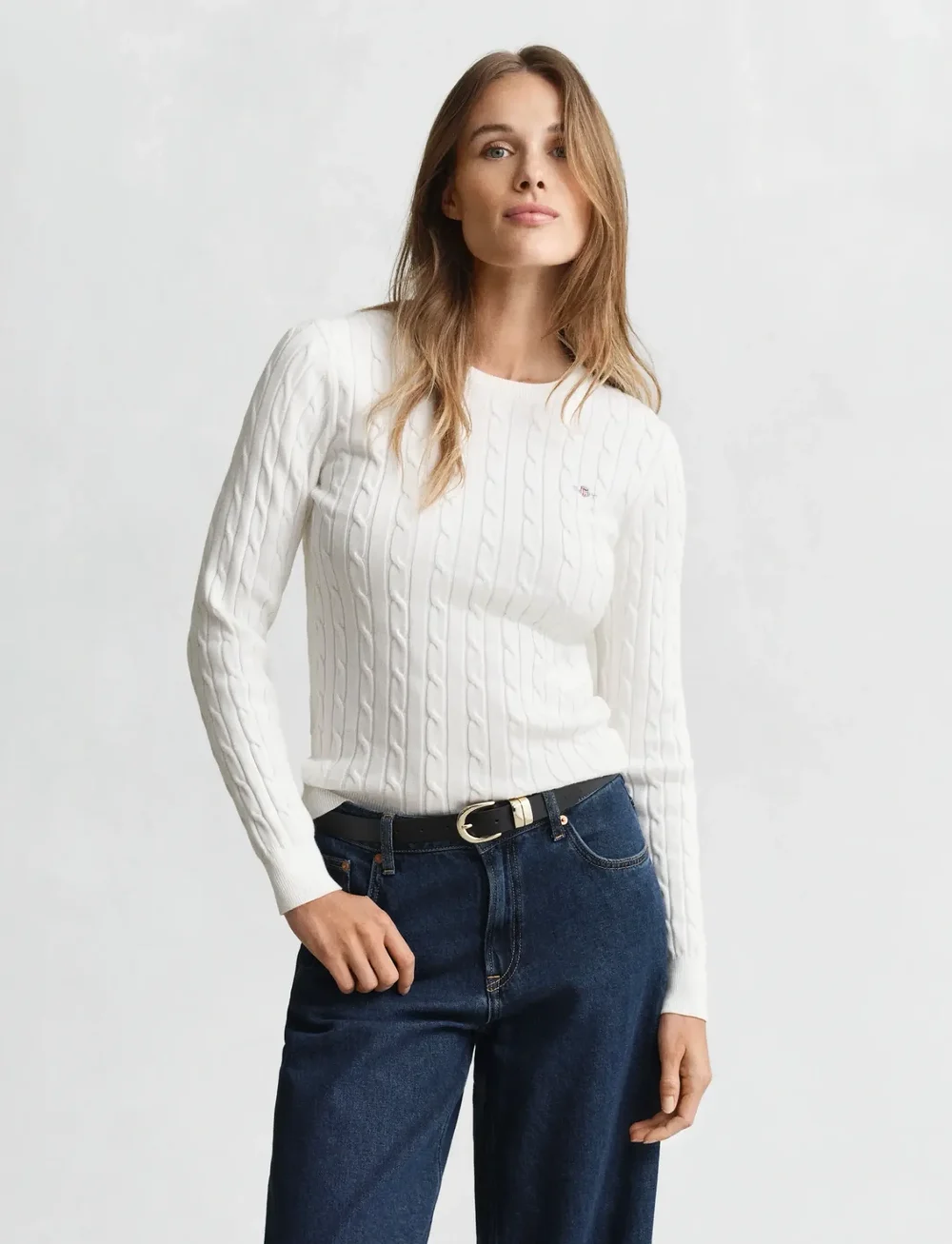 GANT - STRETCH COTTON CABLE C-NECK - stickade tröjor - eggshell - 0