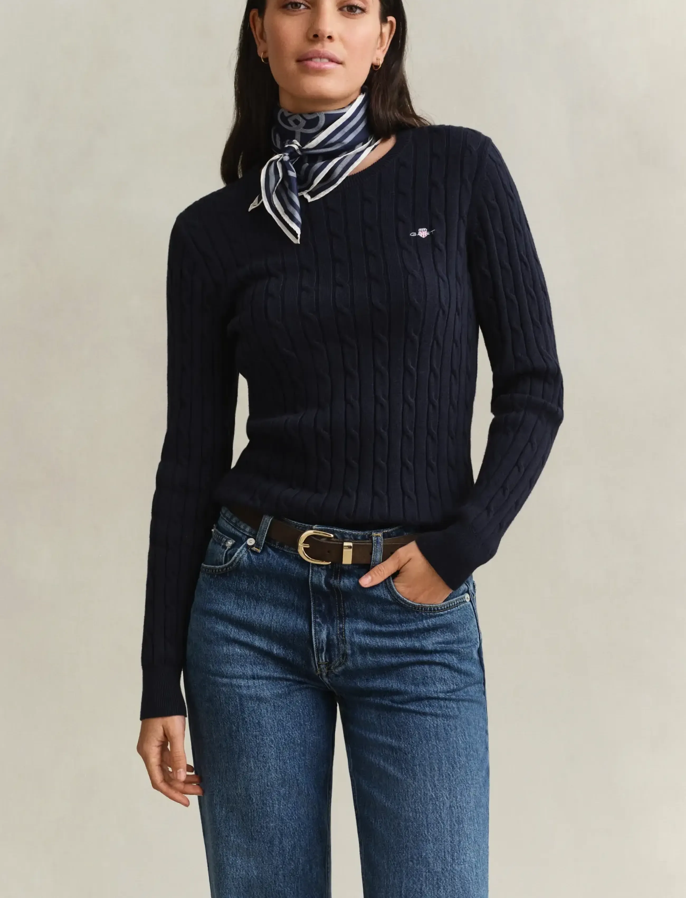 Gant Classic Cable Knit Sweater, XXL, Navy, Strik > Trøjer, Dame