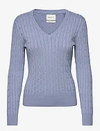 STRETCH COTTON CABLE V-NECK - BLUE WATER