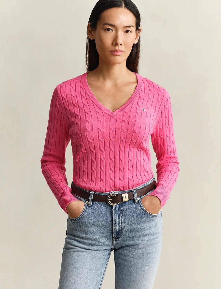 Gant - Classic Cable Knit Sweater - striktrøjer - bright fuschia - 0