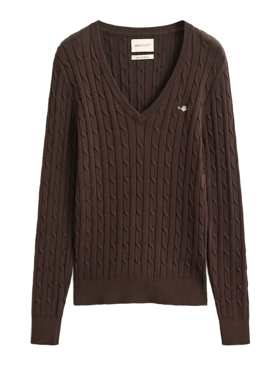 Gant - STRETCH COTTON CABLE V-NECK - sviitrid - deep brown - 1