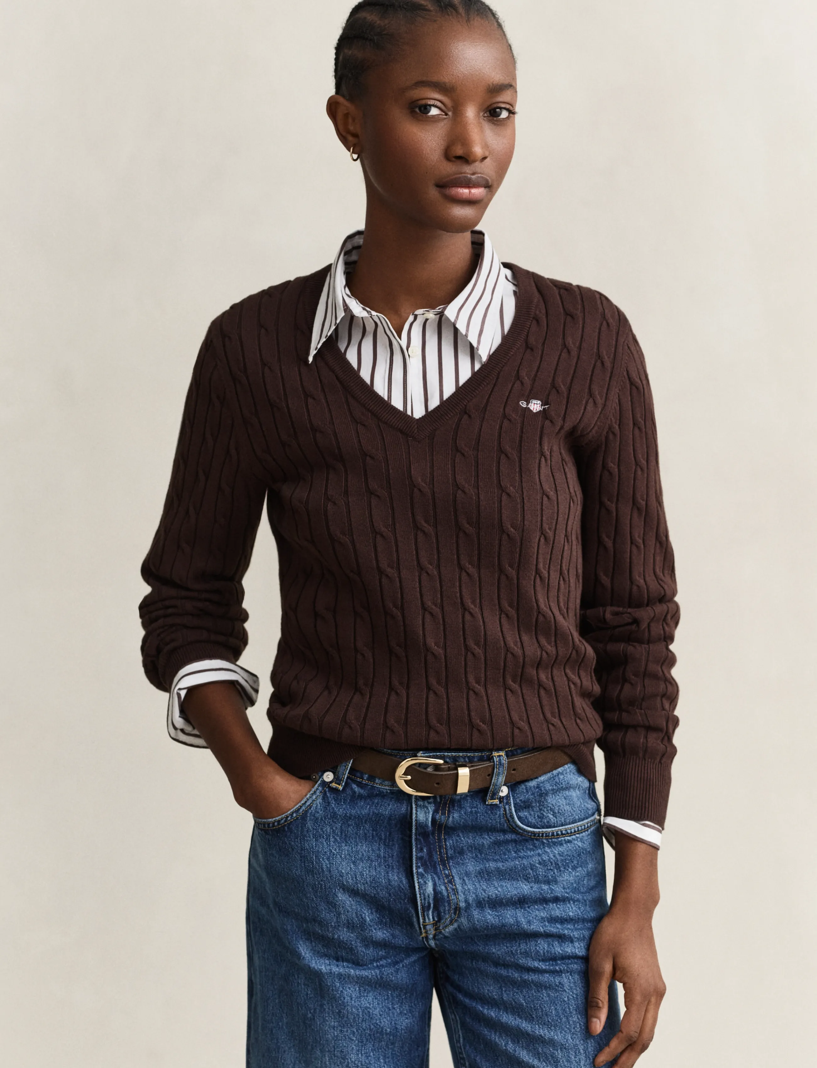 Gant Classic Cable Knit Sweater, S, Brown, Strik > Trøjer, Dame