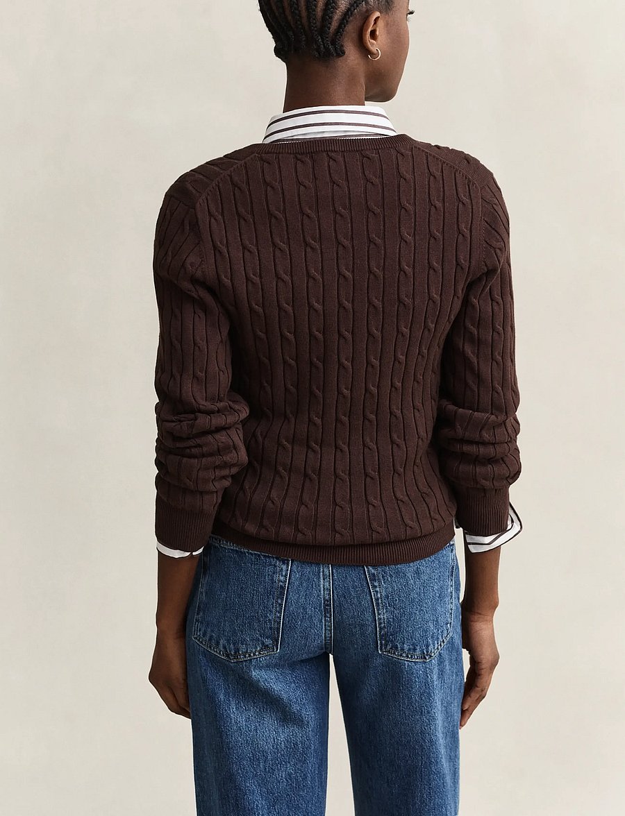 Gant - STRETCH COTTON CABLE V-NECK - sviitrid - deep brown - 2