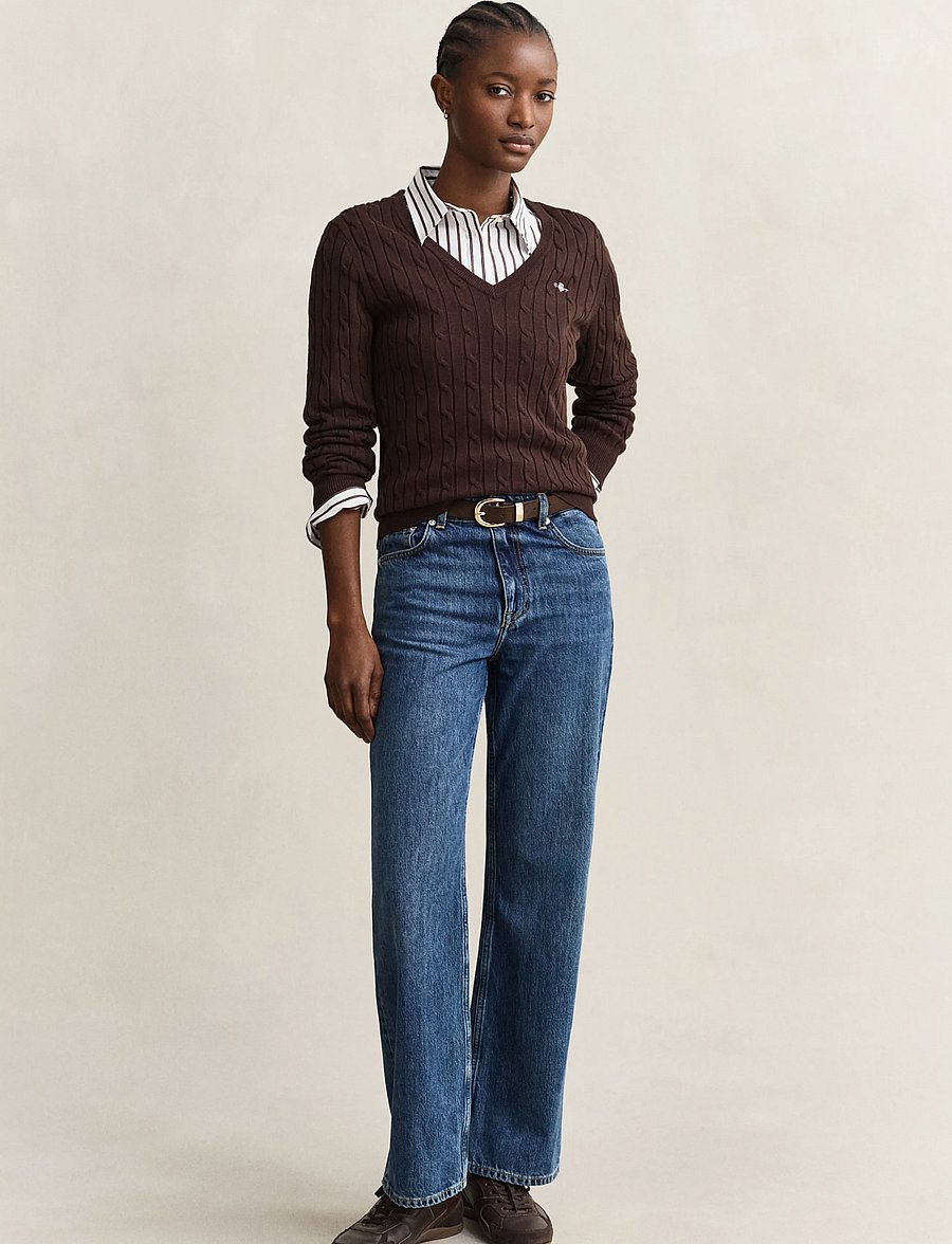Gant - STRETCH COTTON CABLE V-NECK - sviitrid - deep brown - 4