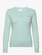 STRETCH COTTON CABLE V-NECK - DUSTY TURQUOISE