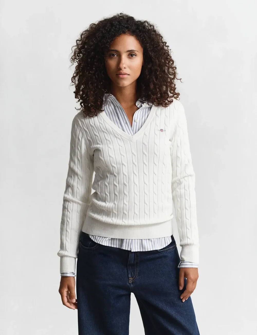 GANT - STRETCH COTTON CABLE V-NECK - stickade tröjor - eggshell - 0