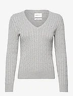 STRETCH COTTON CABLE V-NECK - MID GREY