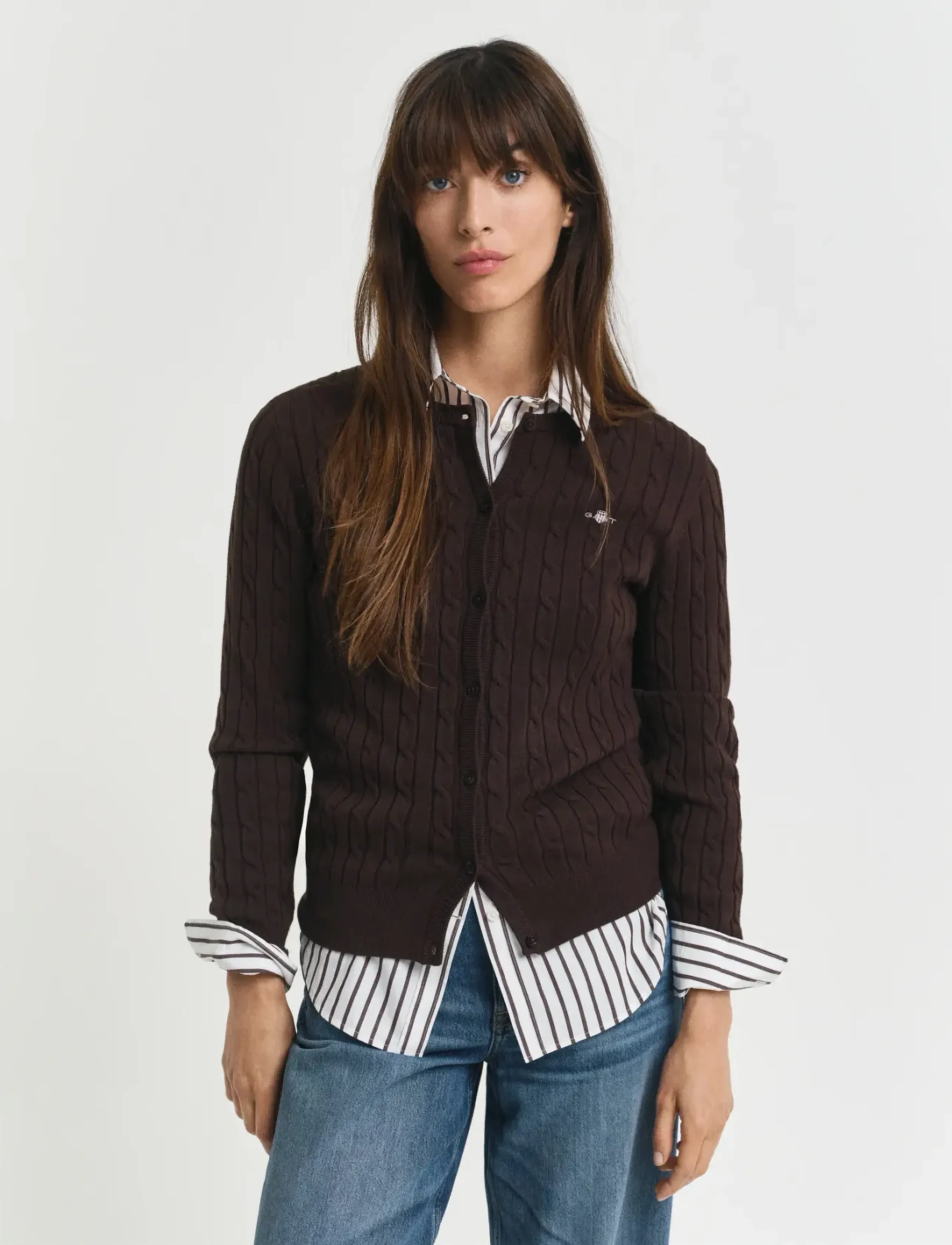 Gant Stretch Cable Knit Cardigan, L, Knitwear, Braun - Cardigans, Frauen