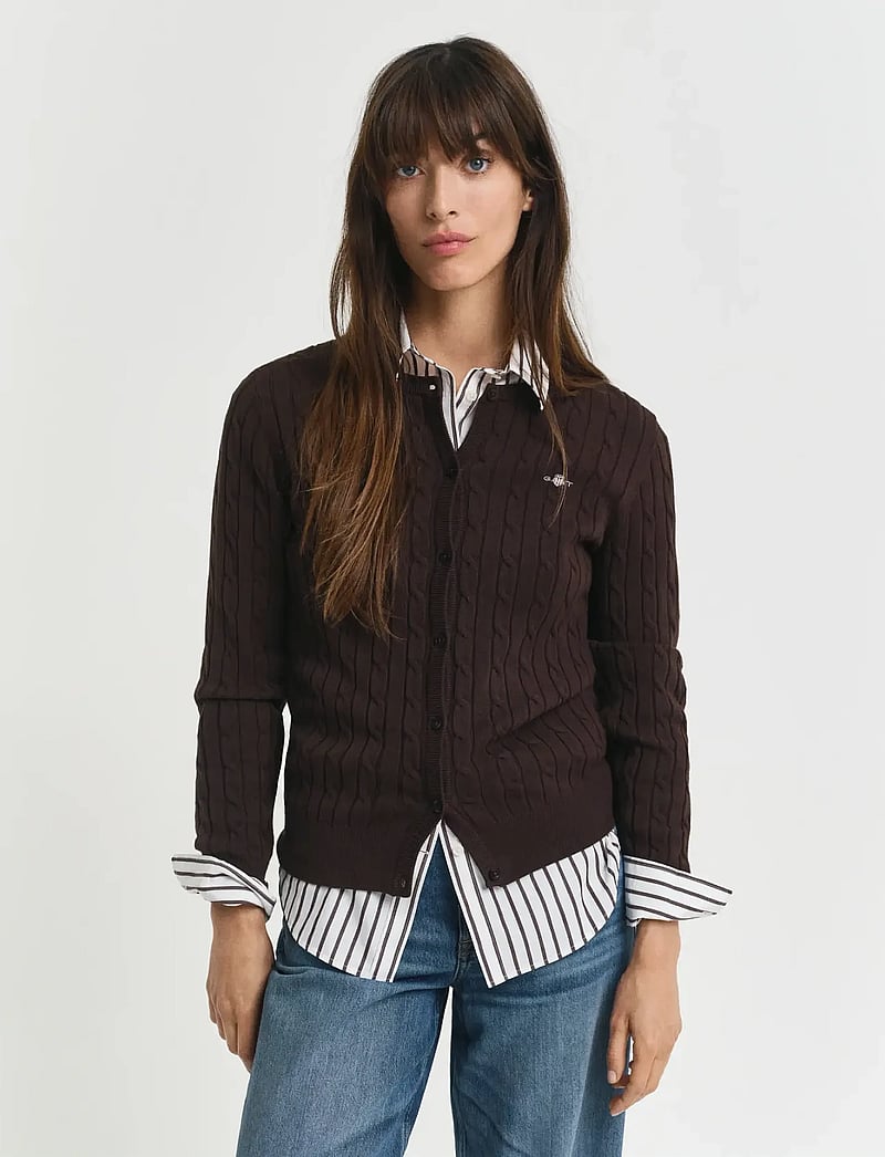 GANT - STRETCH COTTON CABLE CARDIGAN - cardigans - deep brown - 0