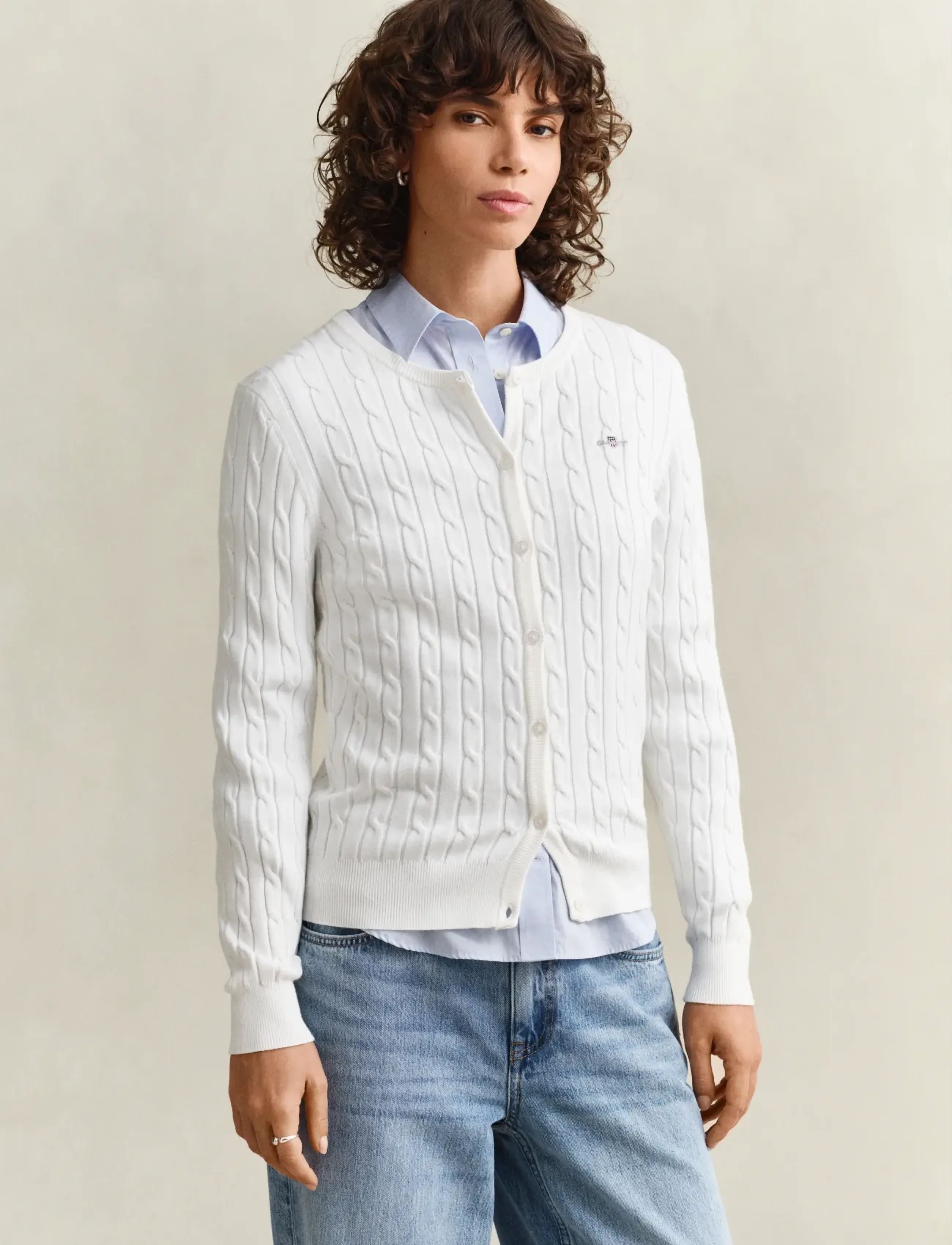 Gant Stretch Cable Knit Cardigan, XS, Knitwear, Weiß - Cardigans, Frauen