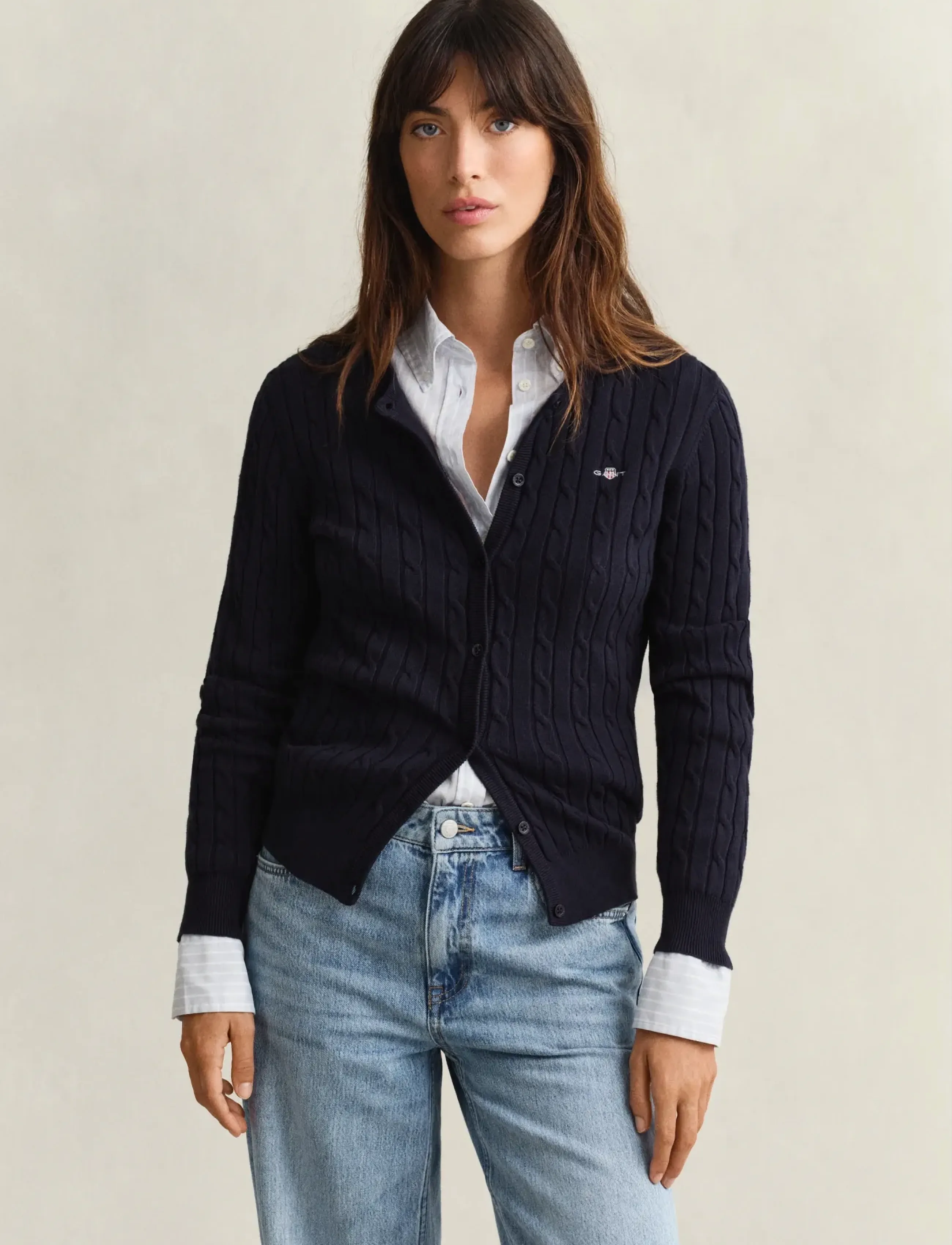 Gant Stretch Cable Knit Cardigan, XS, Knitwear, Marineblau - Cardigans, Frauen