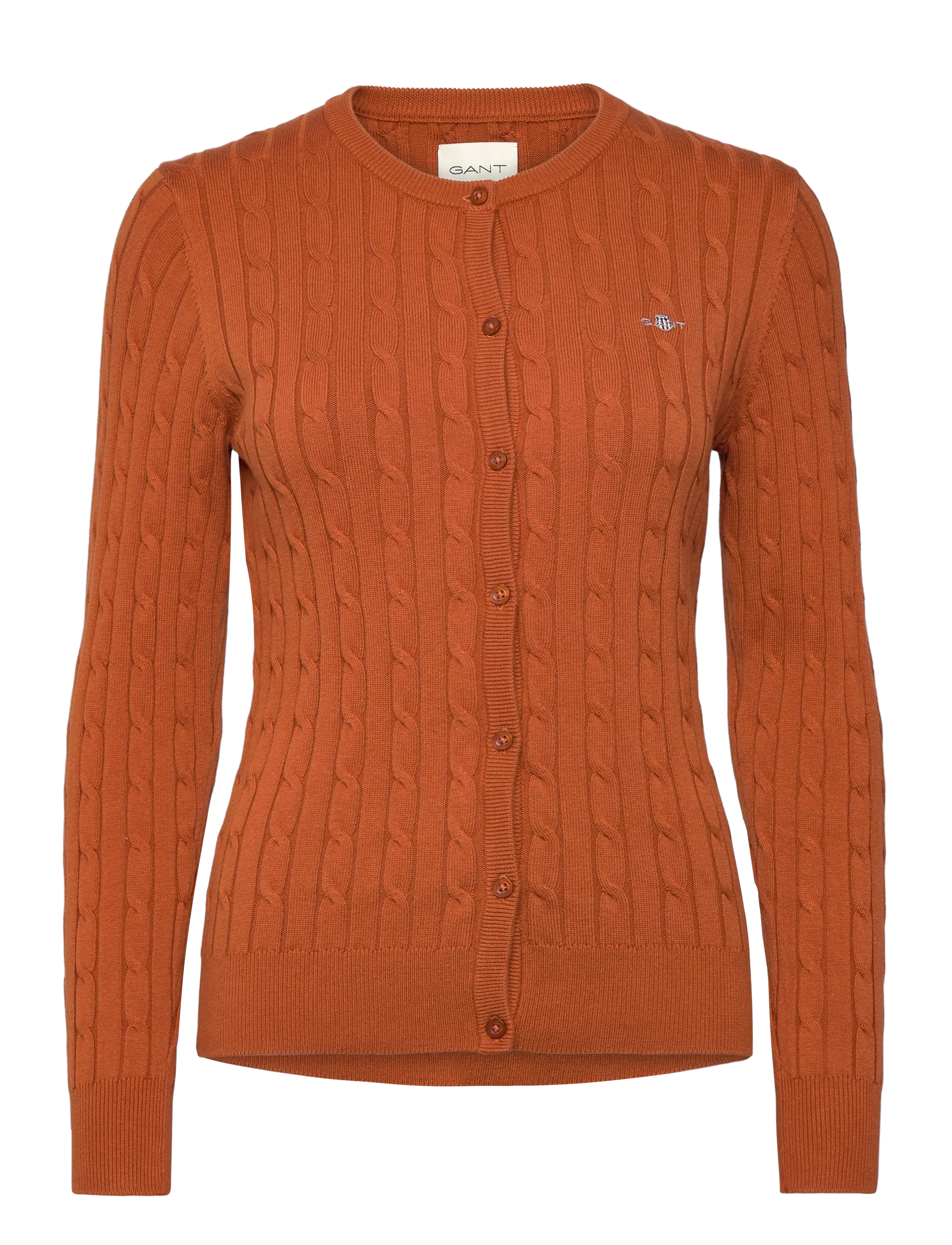 STRETCH COTTON CABLE CARDIGAN - RUSTY BROWN