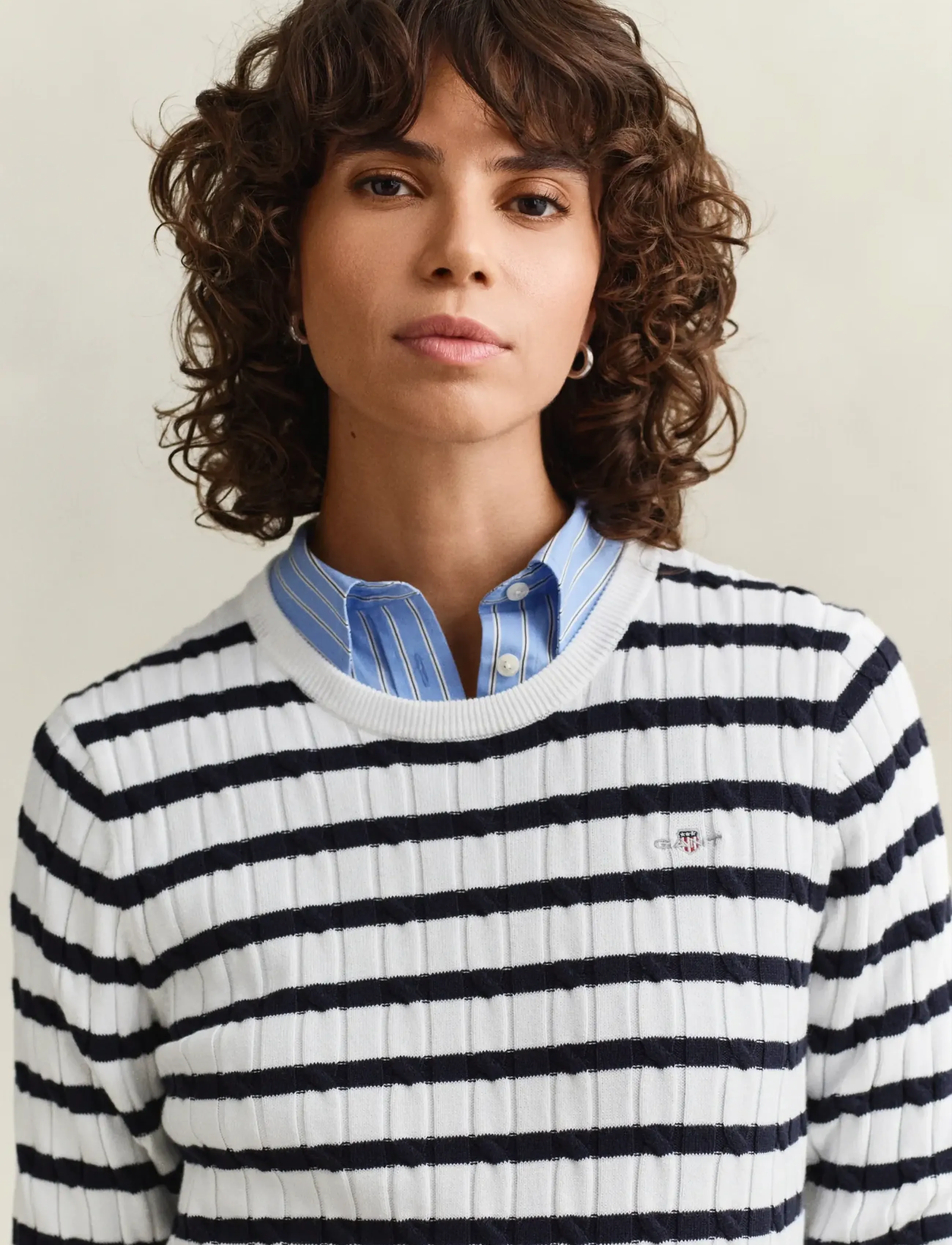 Gant - STRETCH COTTON CABLE STRIPE C-NECK - jumpers - eggshell - 3