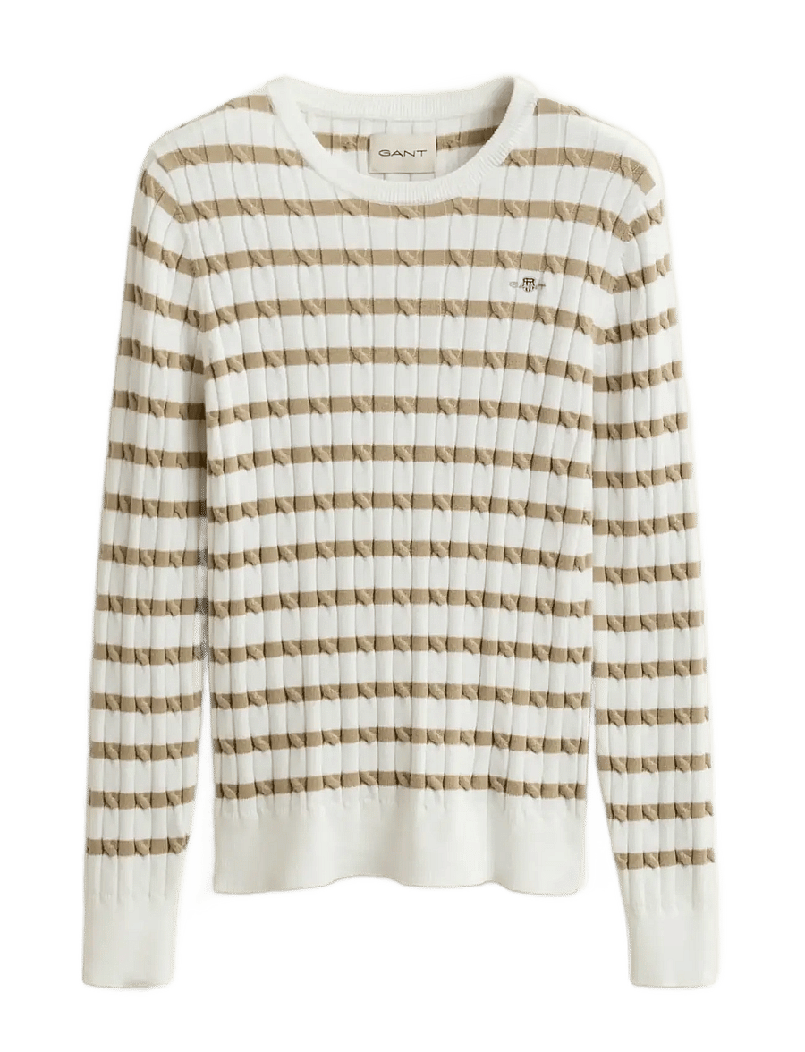 Gant - STRETCH COTTON CABLE STRIPE C-NECK - stickade tröjor - oat beige - 1