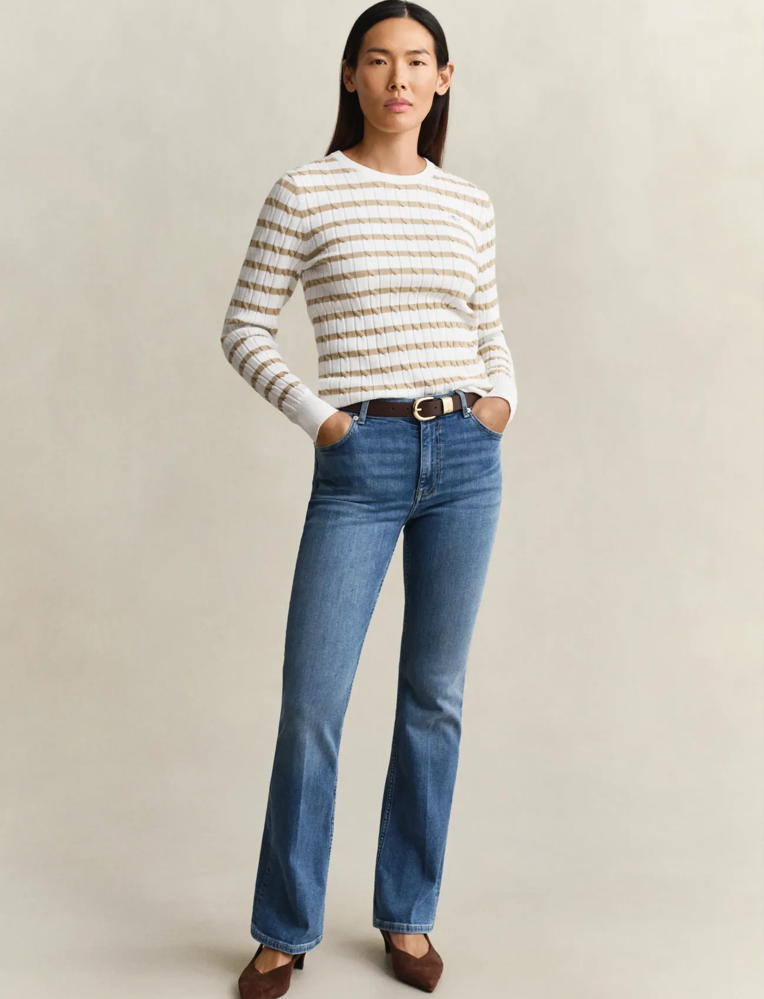 Gant - STRETCH COTTON CABLE STRIPE C-NECK - jumpers - oat beige - 4