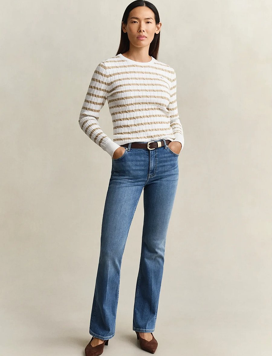 Gant - STRETCH COTTON CABLE STRIPE C-NECK - stickade tröjor - oat beige - 4