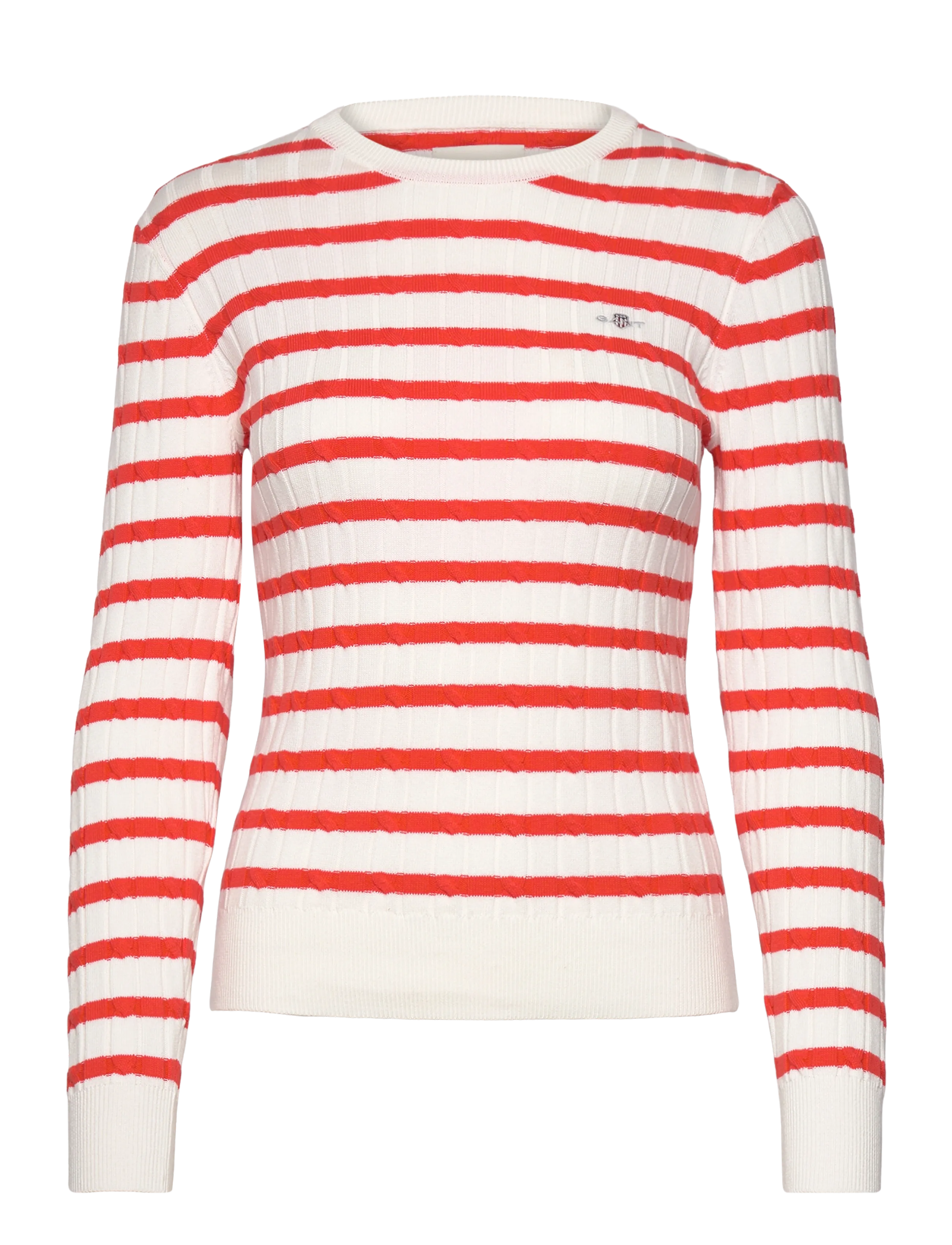 STRETCH COTTON CABLE STRIPE C-NECK - ORANGE RED
