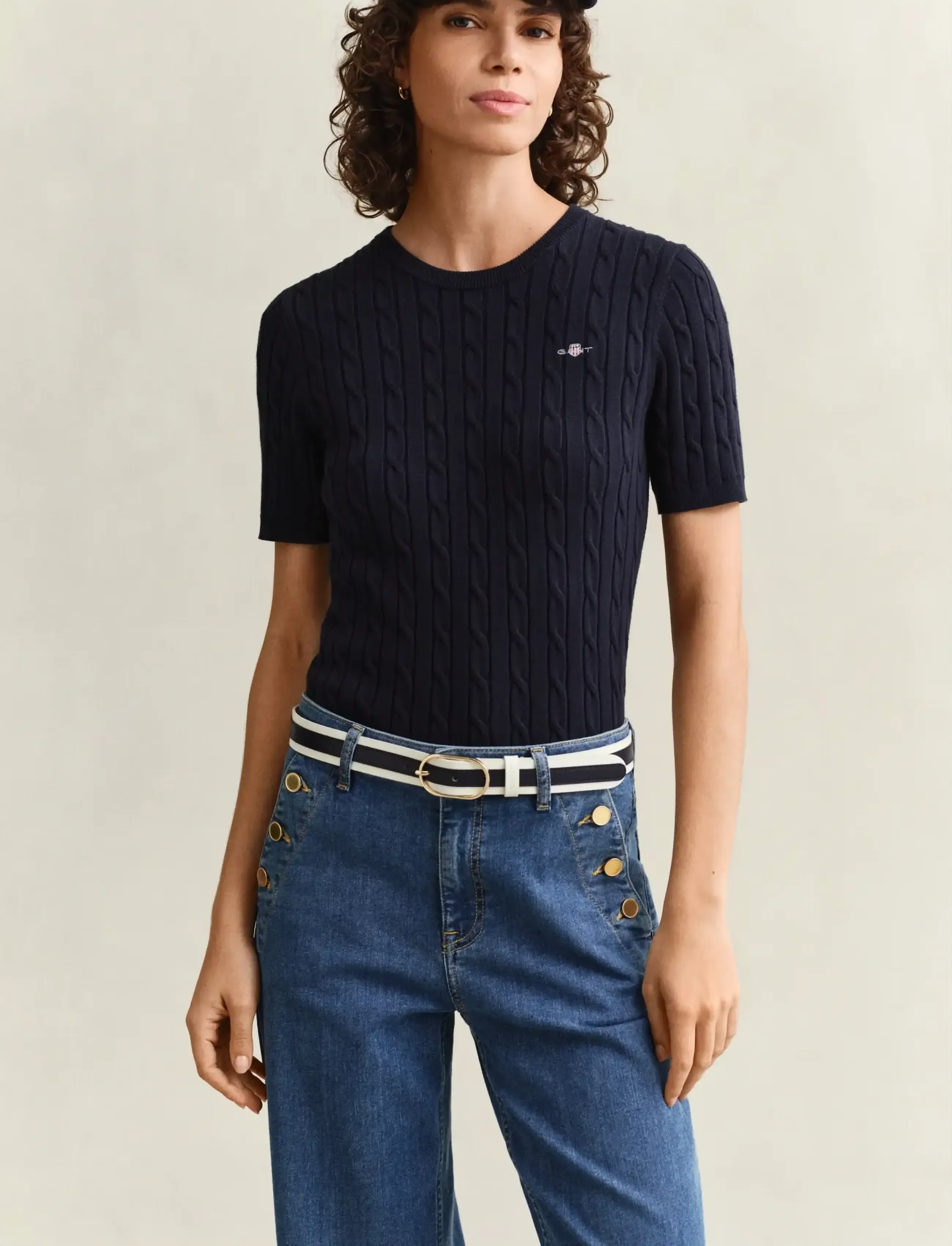 Gant Stretch Cable Knit Sweater, L, Navy, Strik > Trøjer, Dame