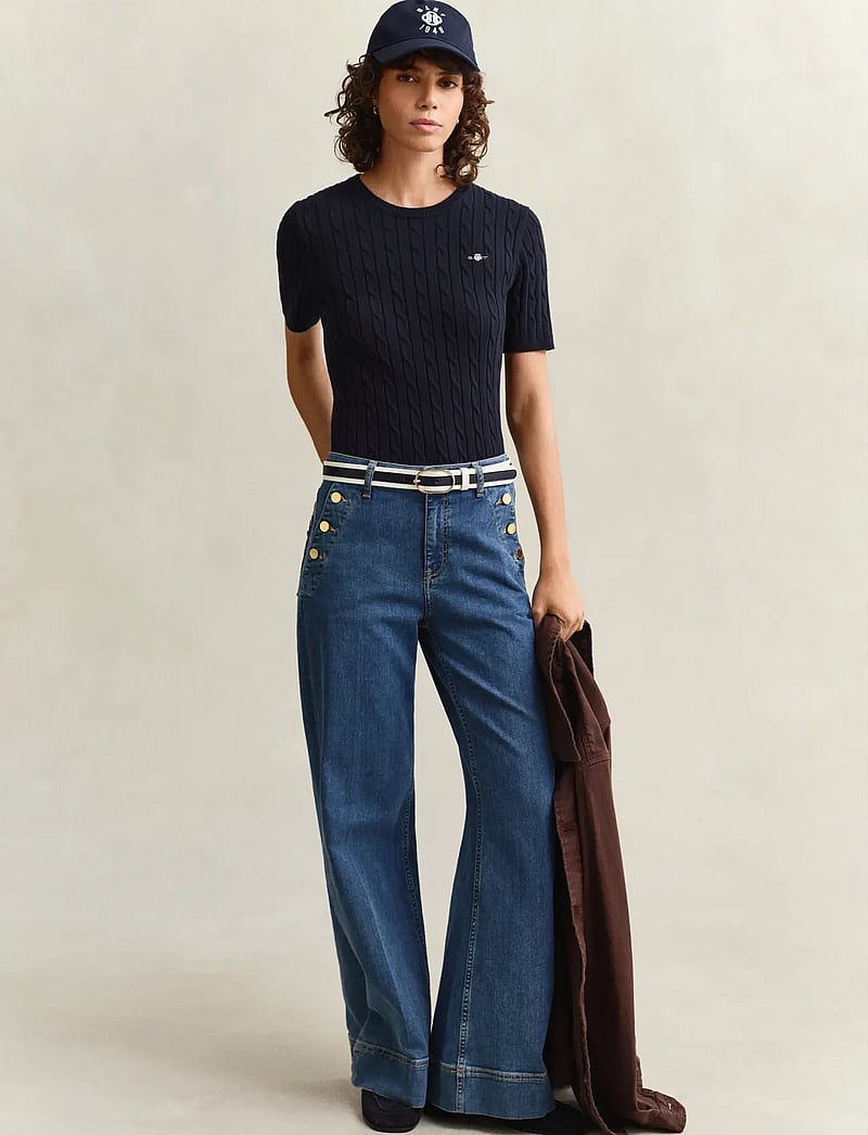 GANT - STRETCH COTTON CABLE SS C-NECK - megztiniai - evening blue - 5